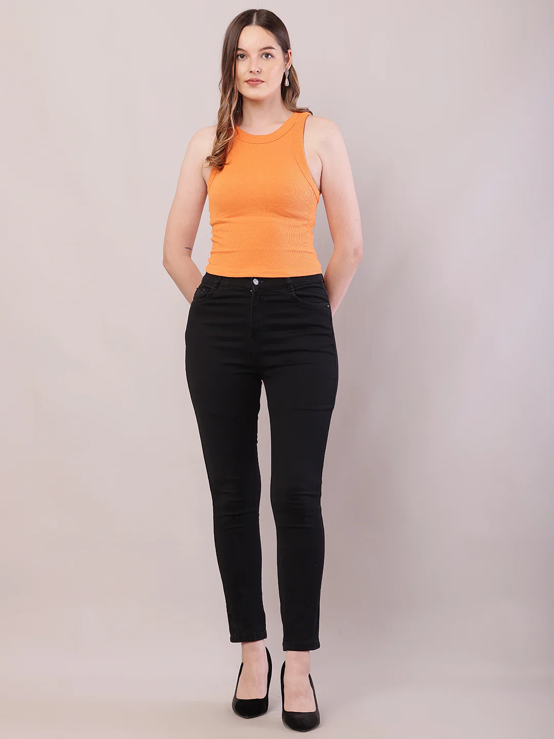 Women Orange Cotton Sleeveless Round Neck Top - Image 3