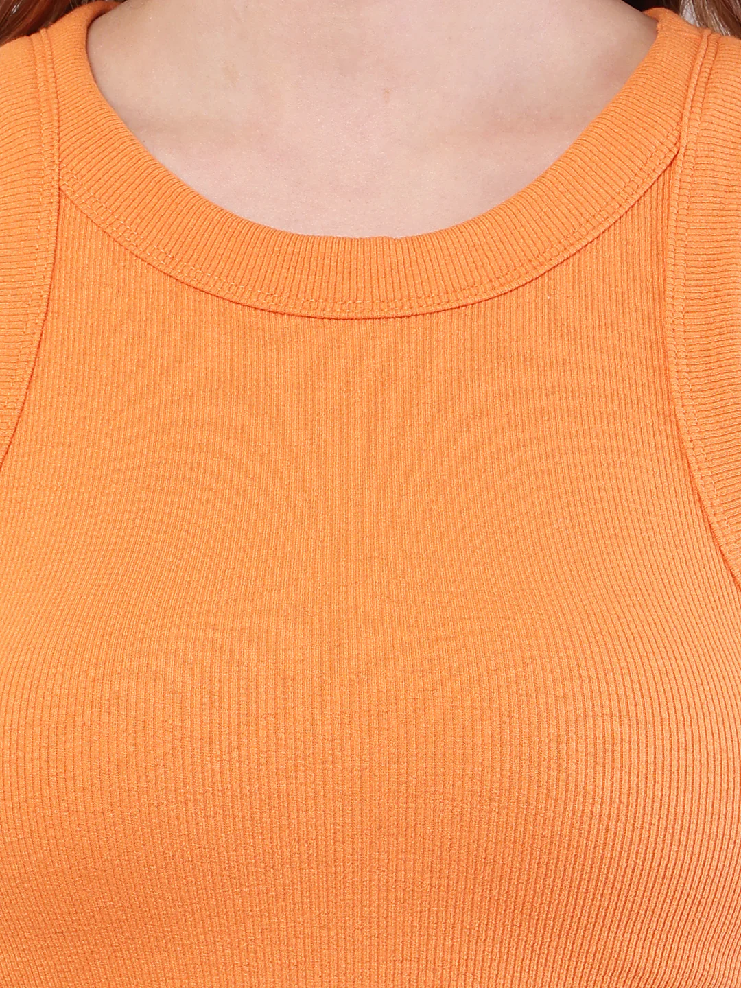 Women Orange Cotton Sleeveless Round Neck Top - Image 5