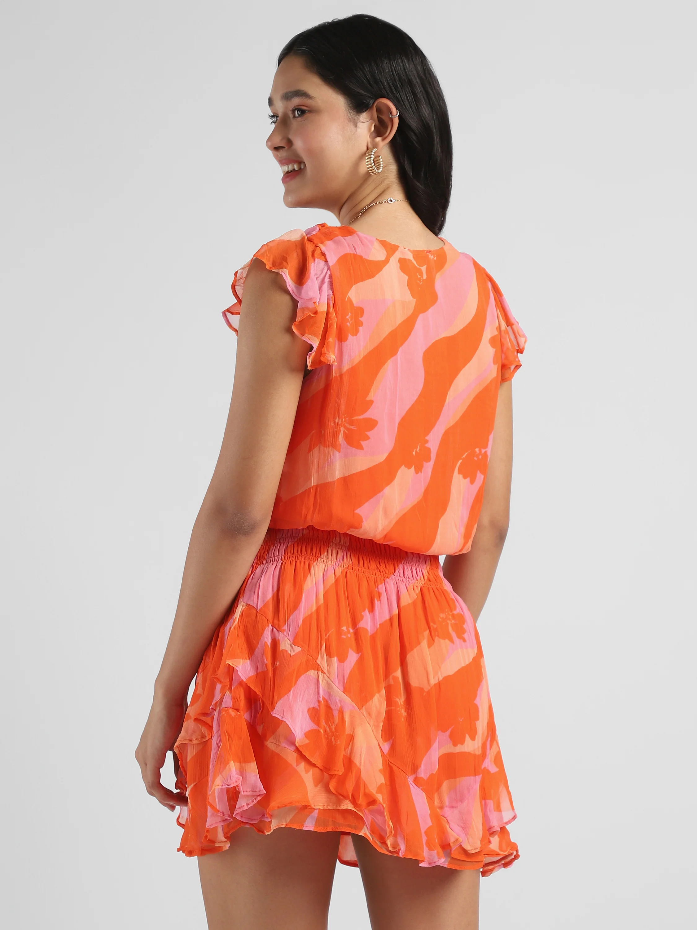 Women Orange Printed Dress with bottom frill - Image 2