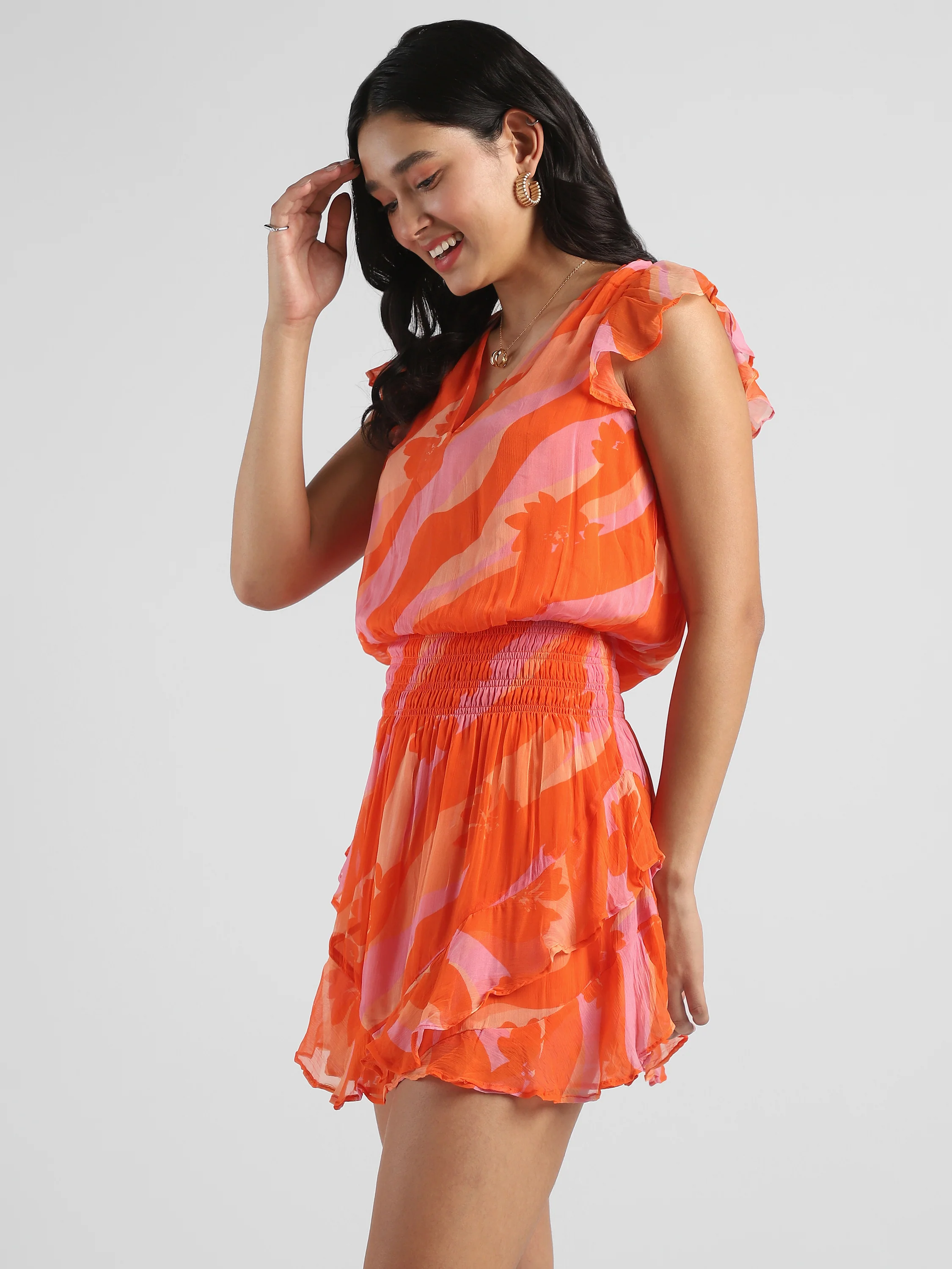 Women Orange Printed Dress with bottom frill - Image 6