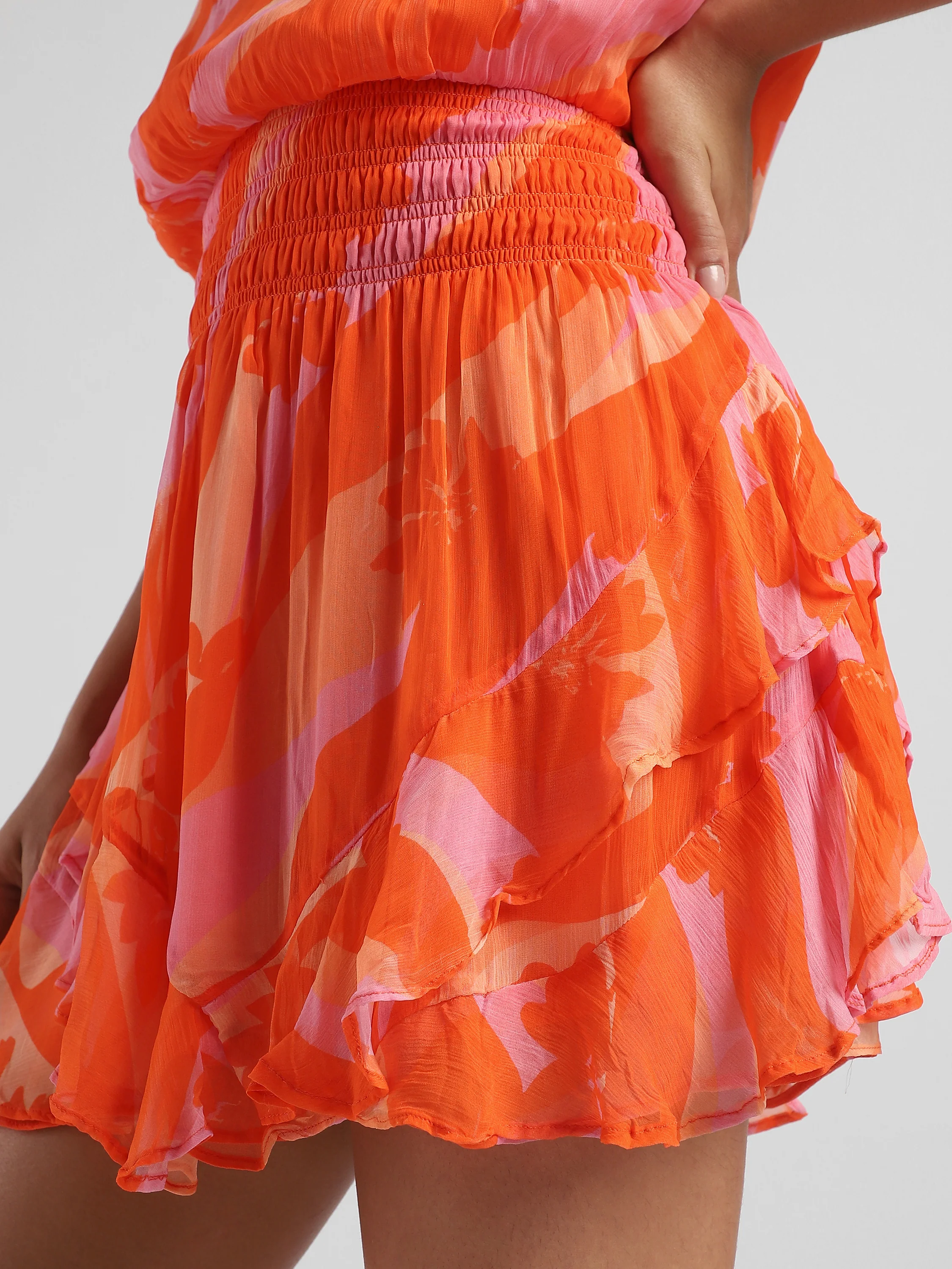 Women Orange Printed Dress with bottom frill - Image 7