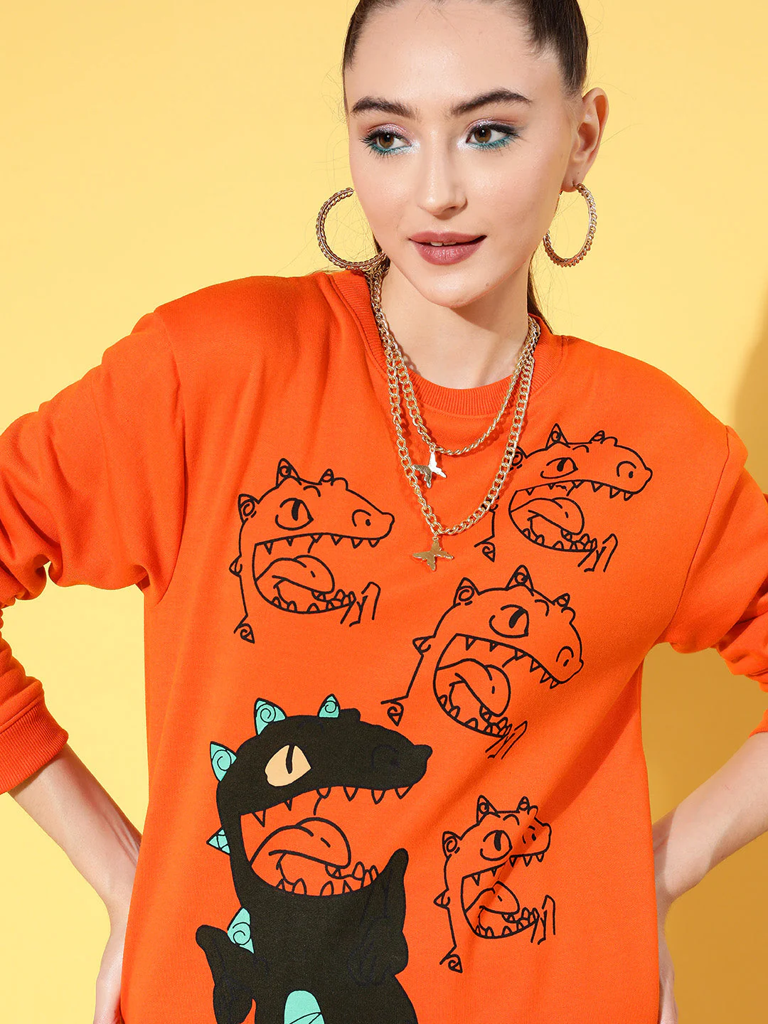 Women Orange Fleece Dragon Sweatshirt With Joggers - Image 2