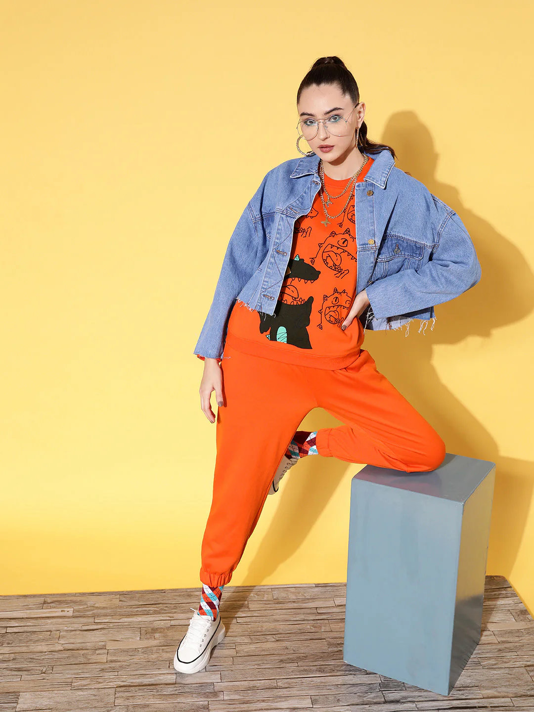 Women Orange Fleece Dragon Sweatshirt With Joggers - Image 3