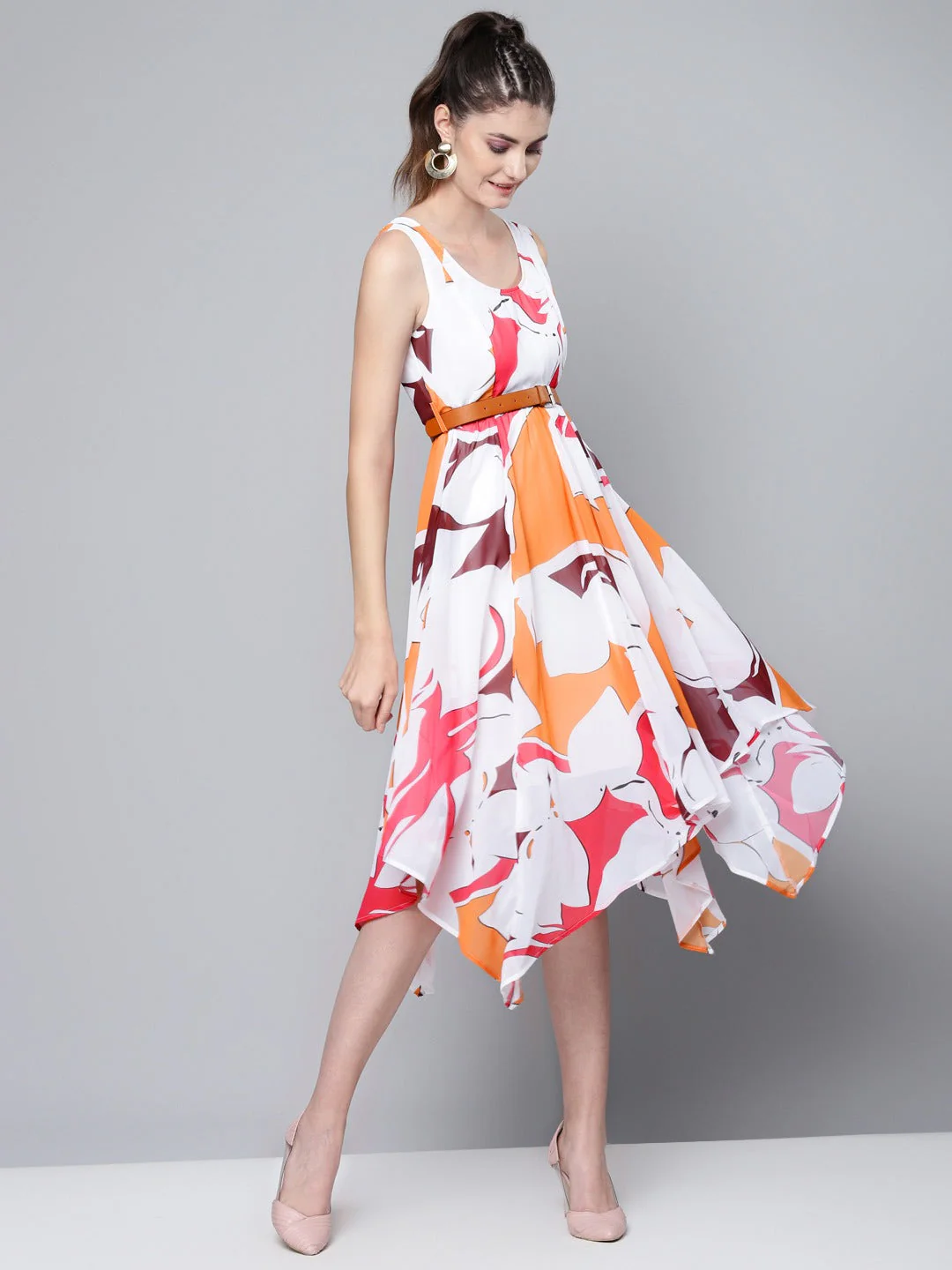 Women Orange Floral Asymmetric Belted Midi Dress - Image 2