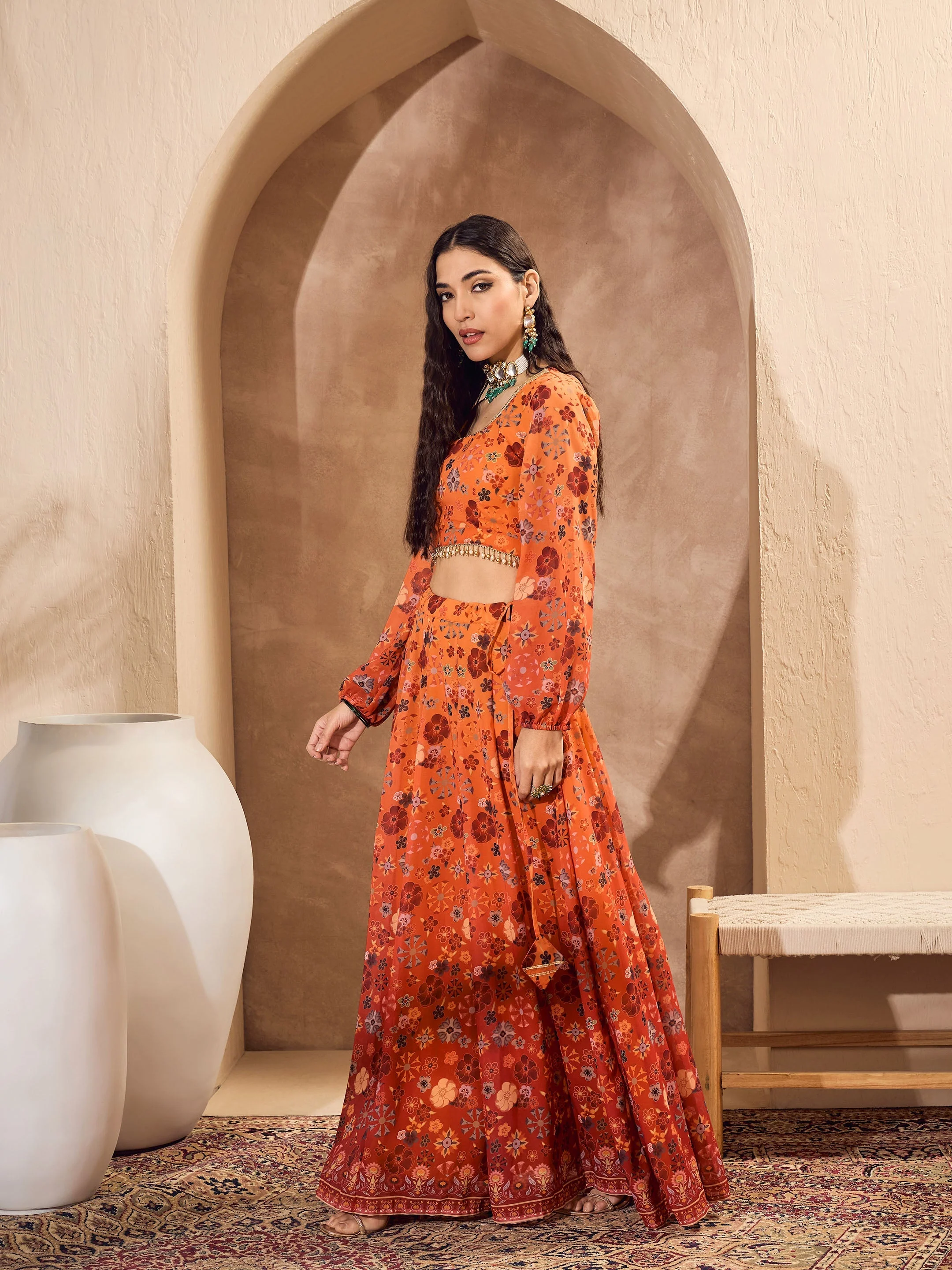 Women Orange Floral Back Tie Crop Top With Anarkali Skirt - Image 3