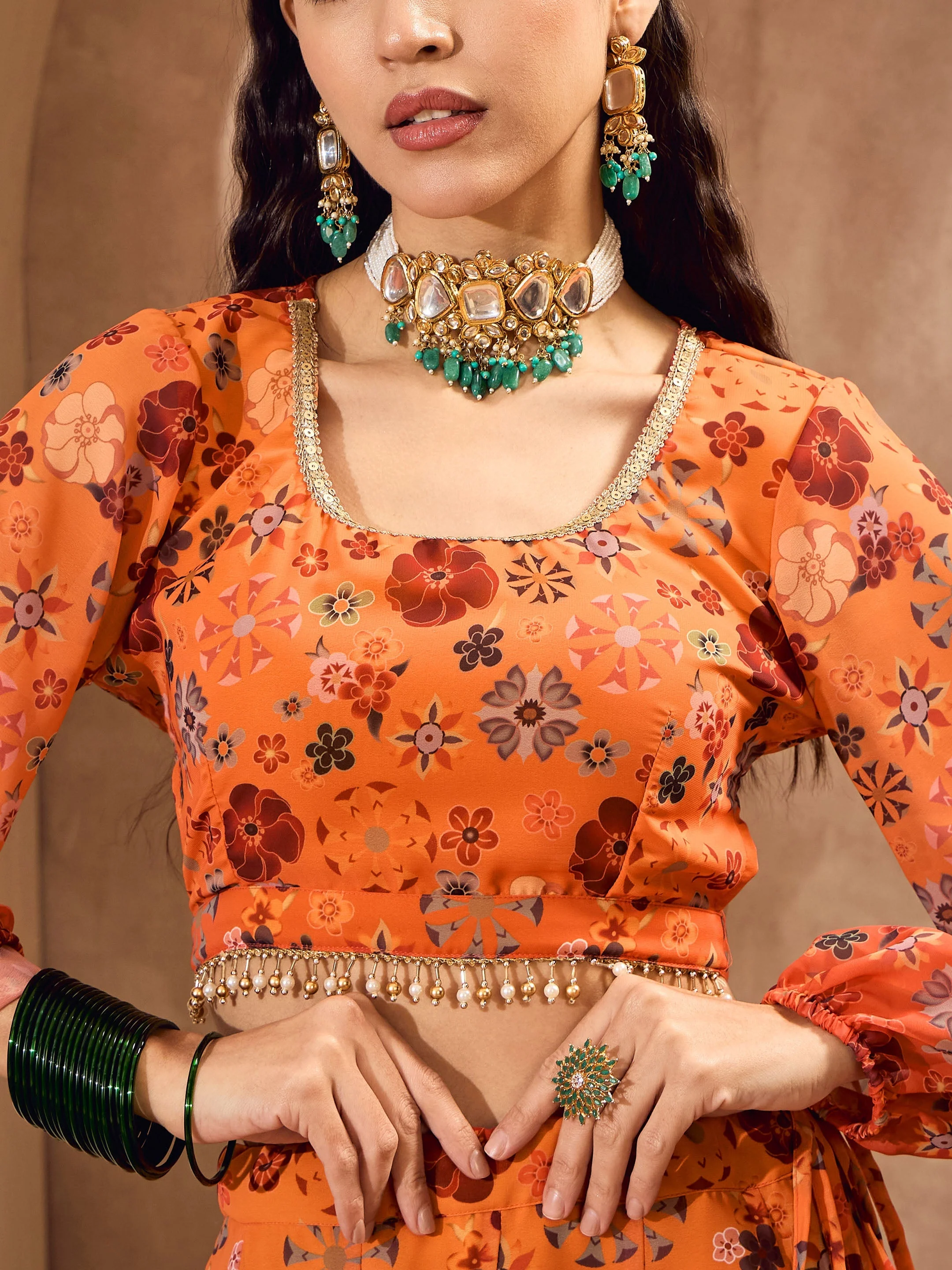 Women Orange Floral Back Tie Crop Top With Anarkali Skirt - Image 4