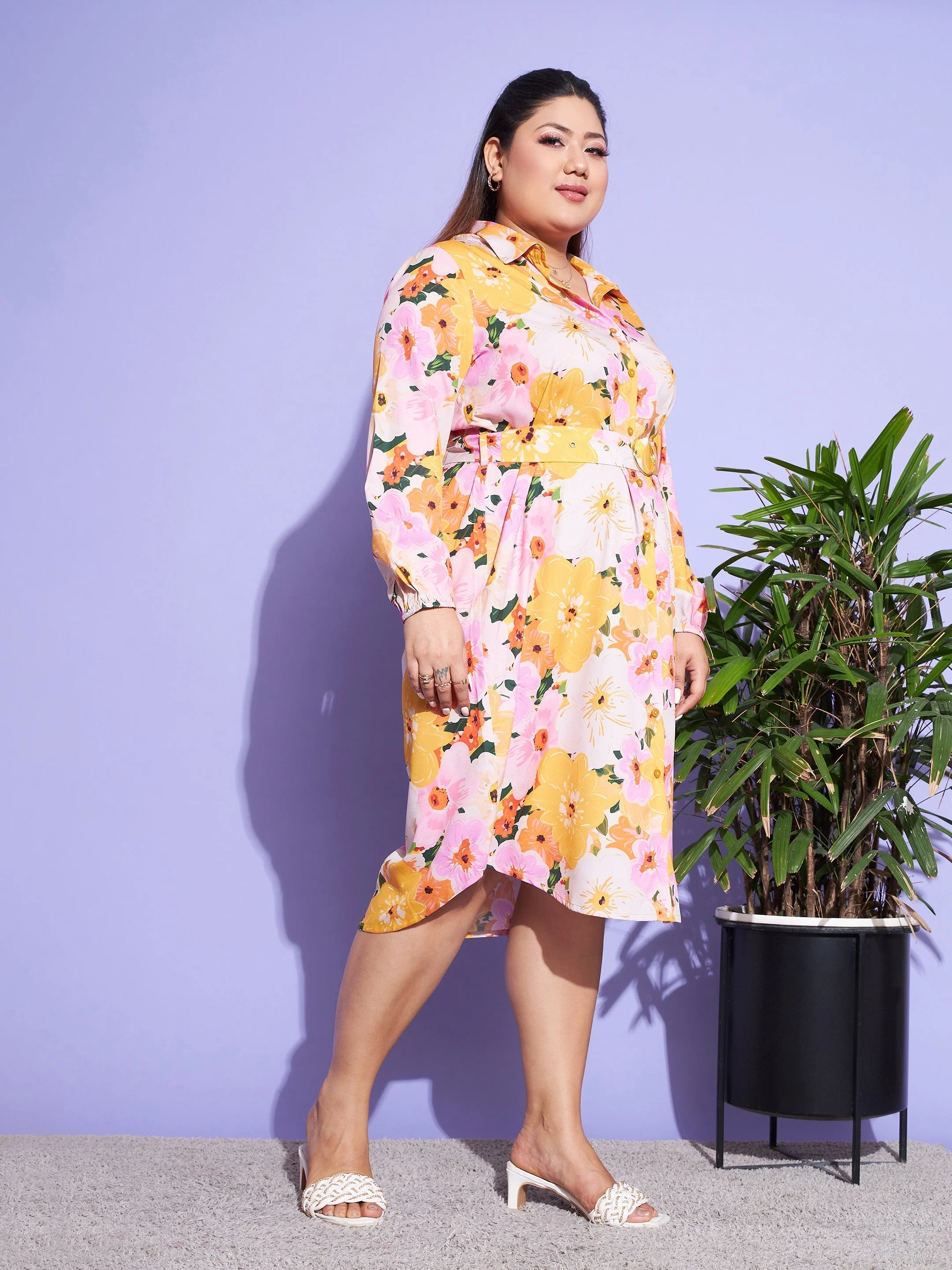 Women Orange Floral Belted Shirt Dress - Image 3