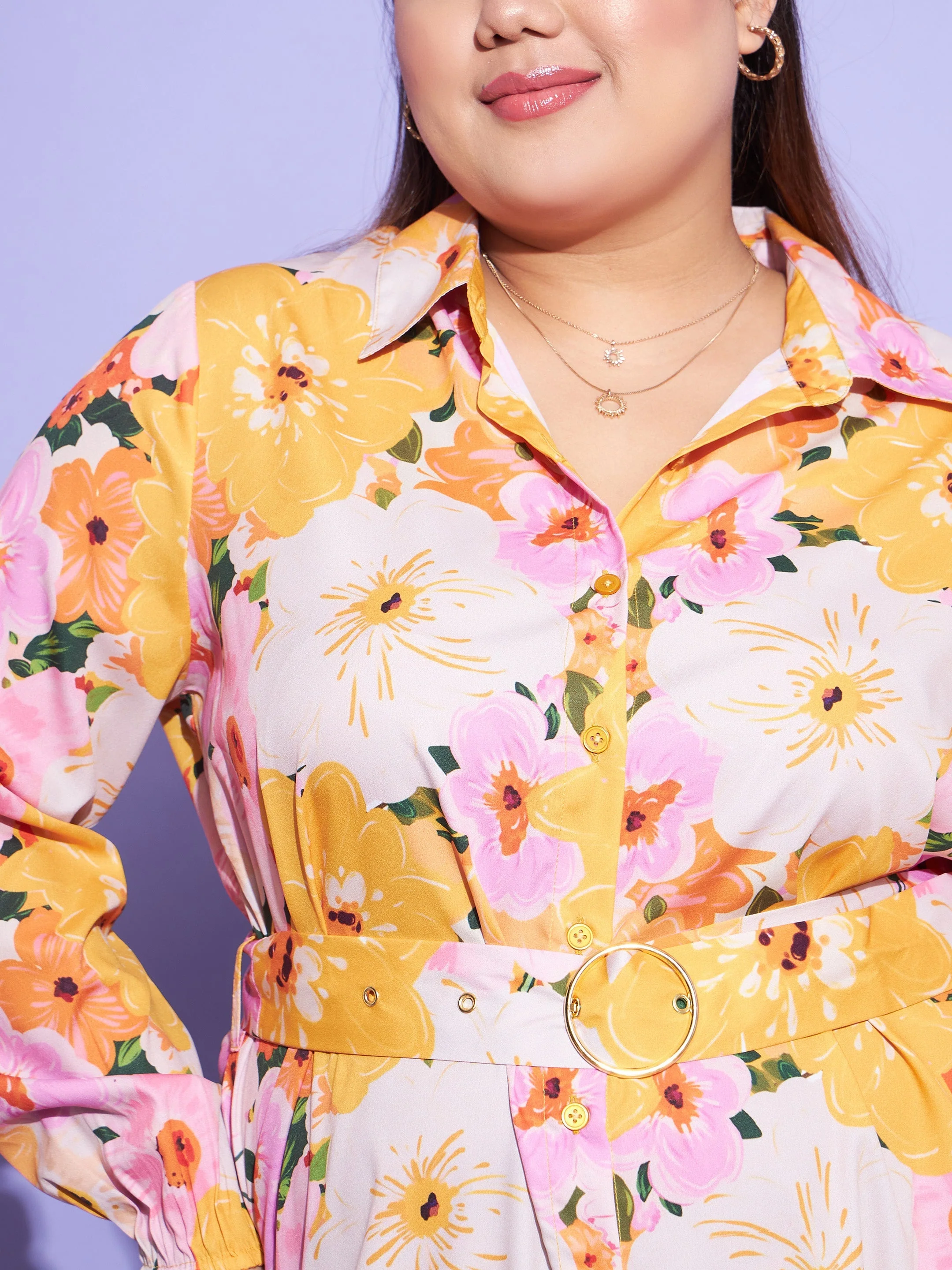 Women Orange Floral Belted Shirt Dress - Image 4