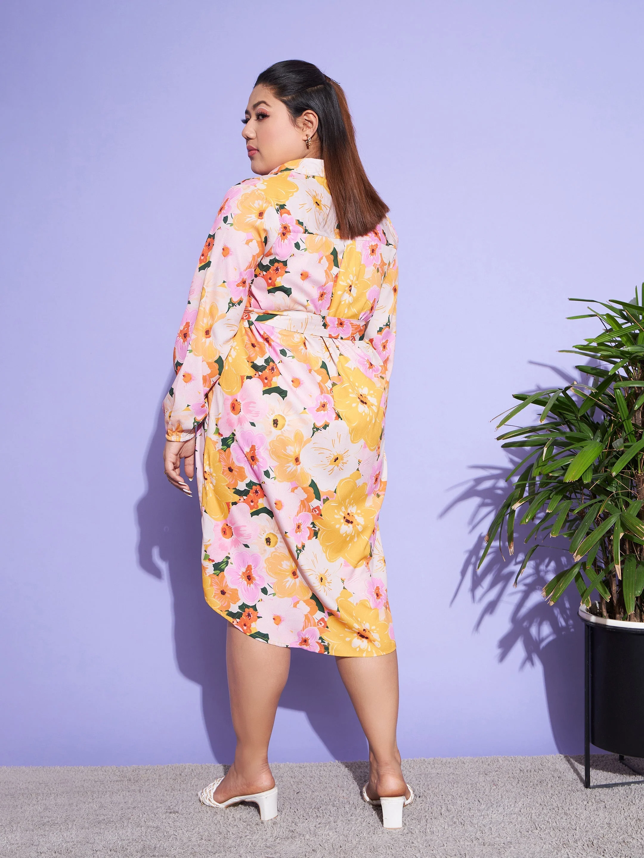 Women Orange Floral Belted Shirt Dress - Image 5