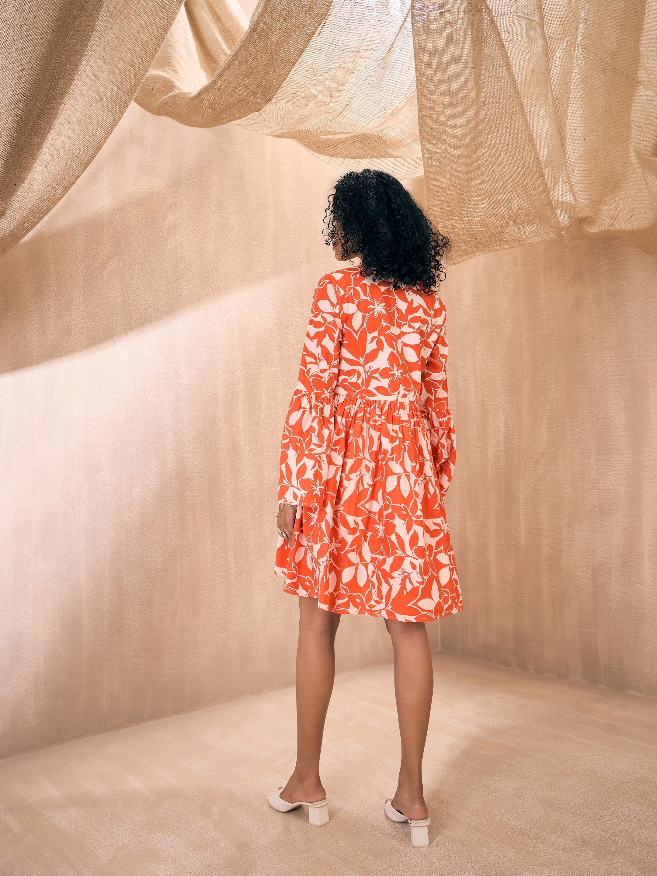 Women Orange Floral Empire Tie Waist Skater Dress - Image 2