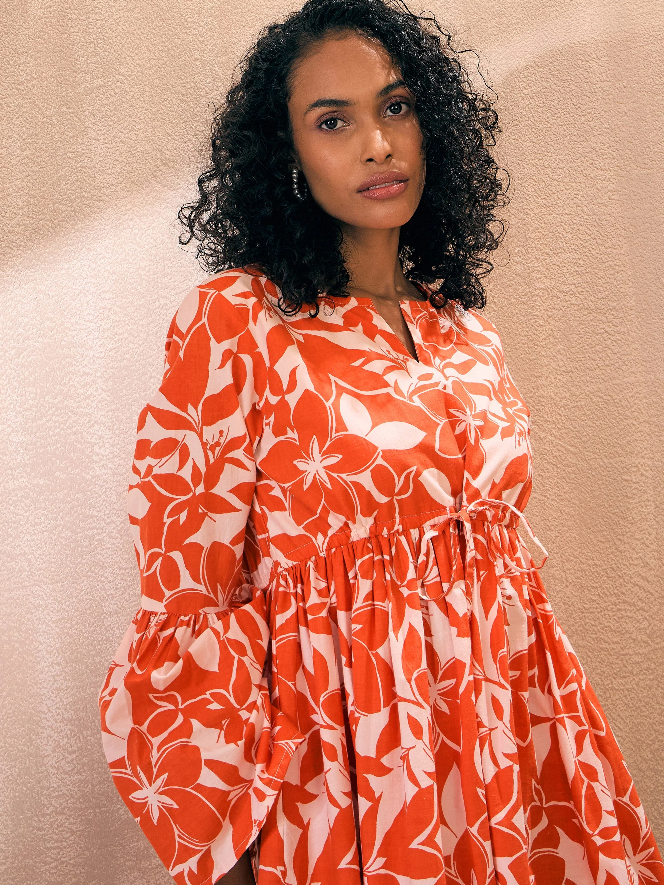 Women Orange Floral Empire Tie Waist Skater Dress - Image 3