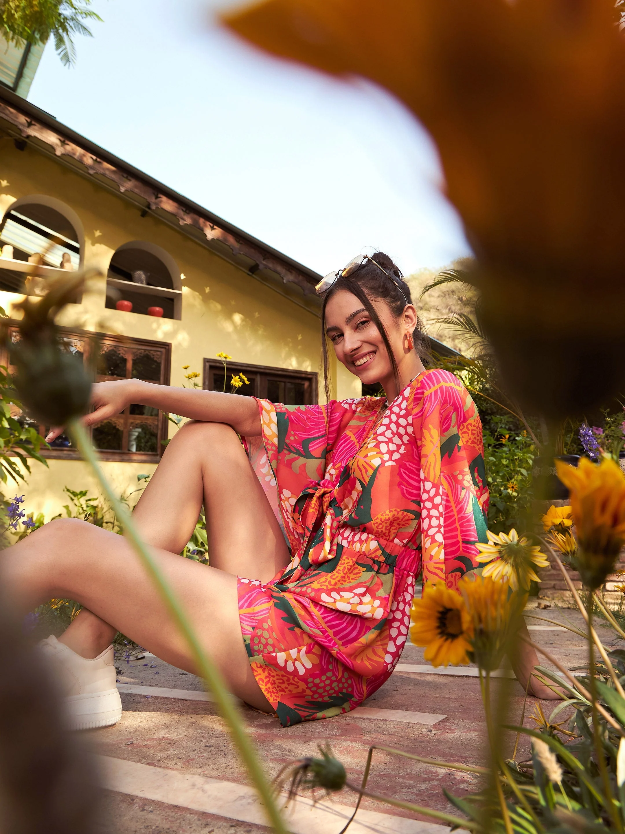 Women Orange Floral Front Tie Knot Playsuit - Image 3