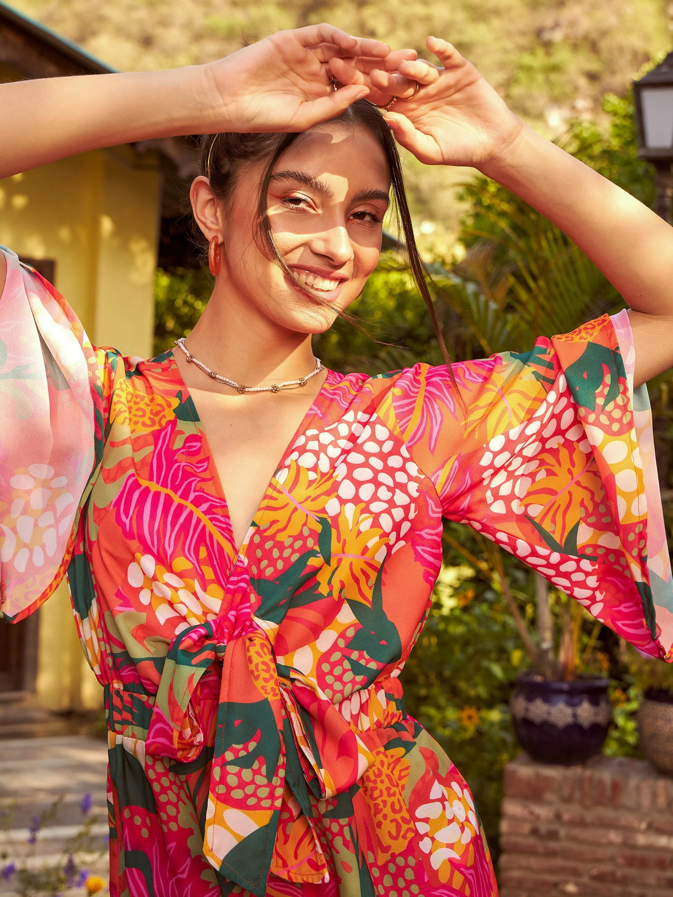 Women Orange Floral Front Tie Knot Playsuit - Image 4