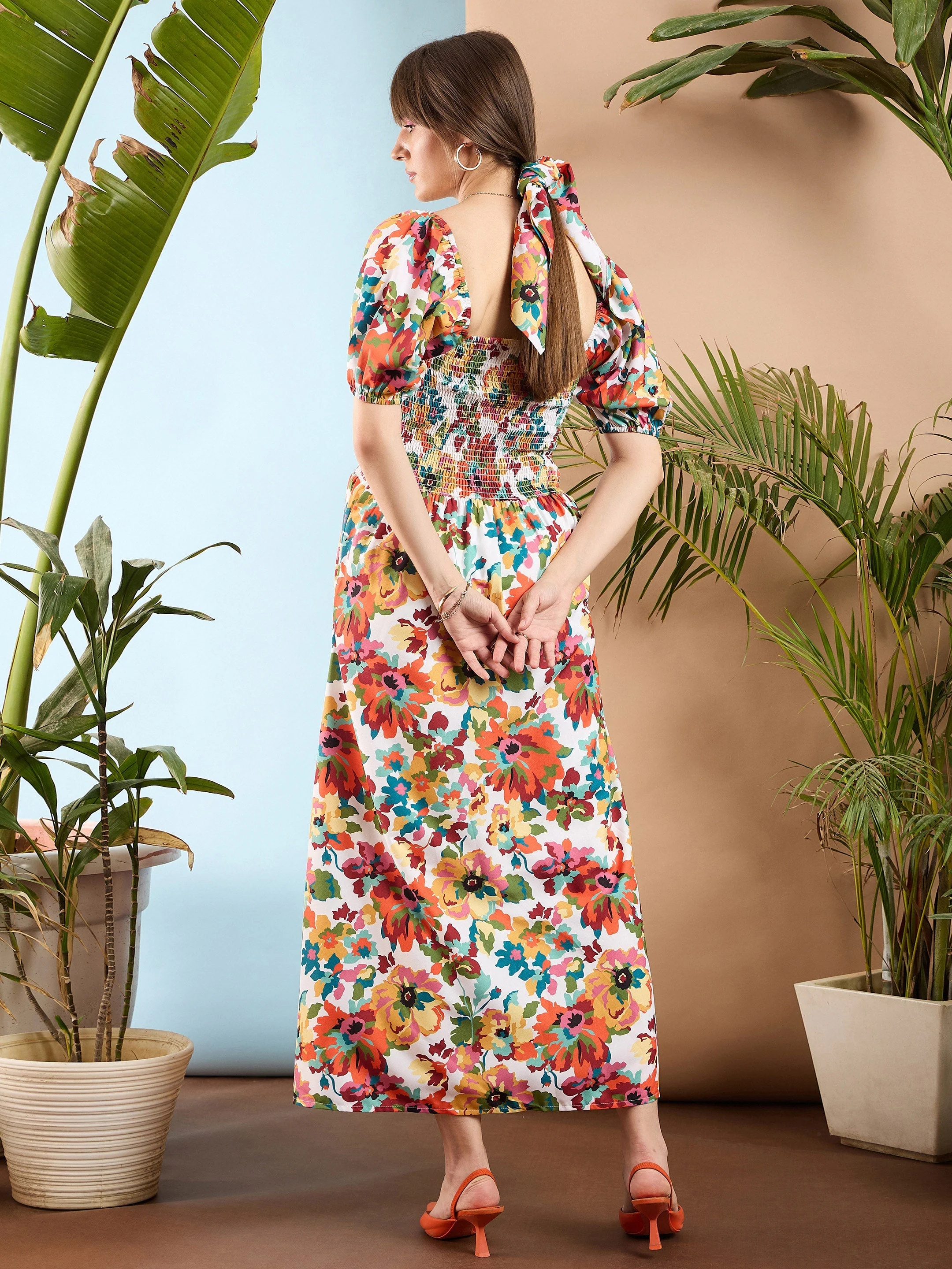 Women Orange Floral Puff Sleeves A-Line Midi Dress - Image 2