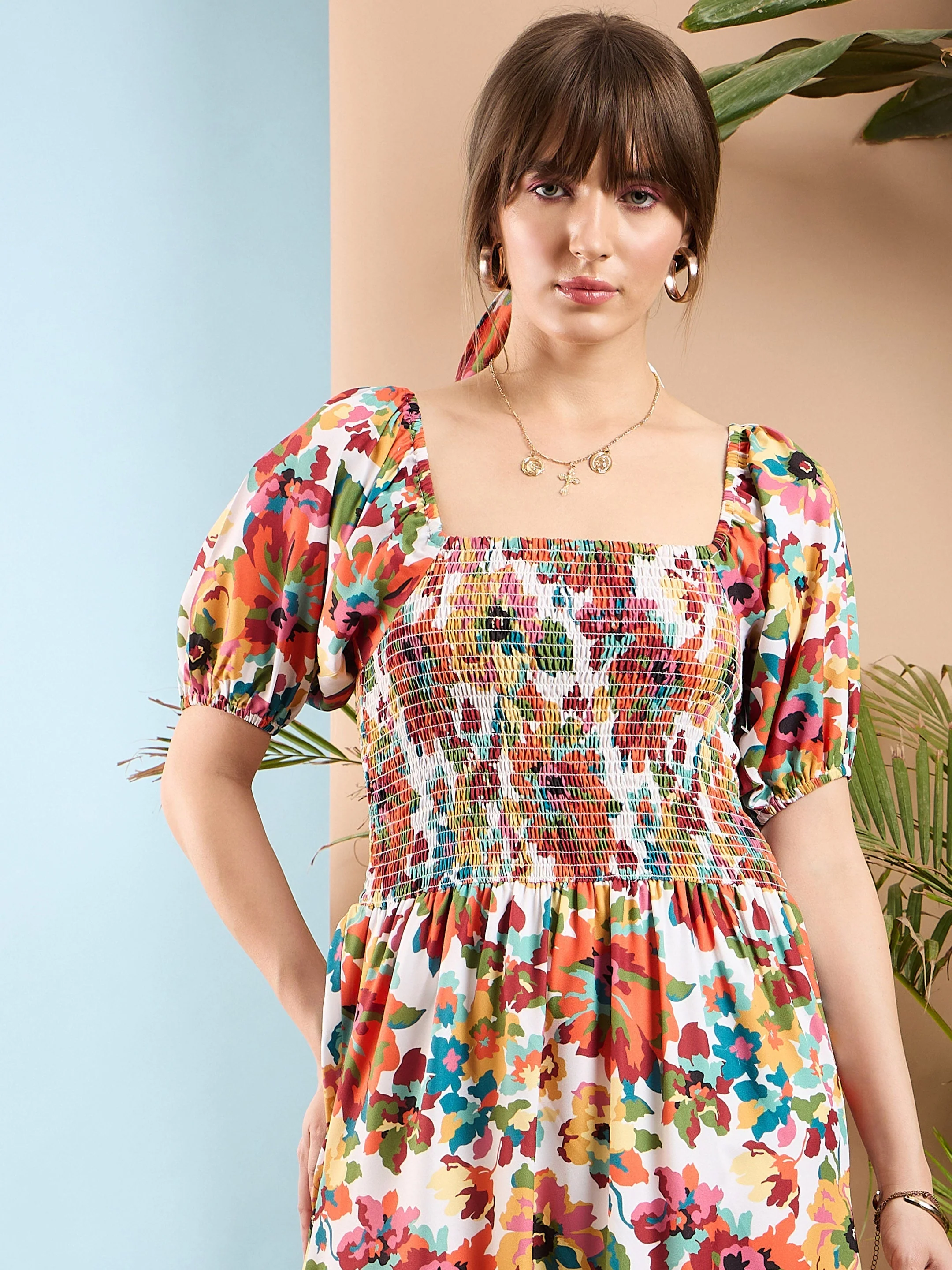 Women Orange Floral Puff Sleeves A-Line Midi Dress - Image 3