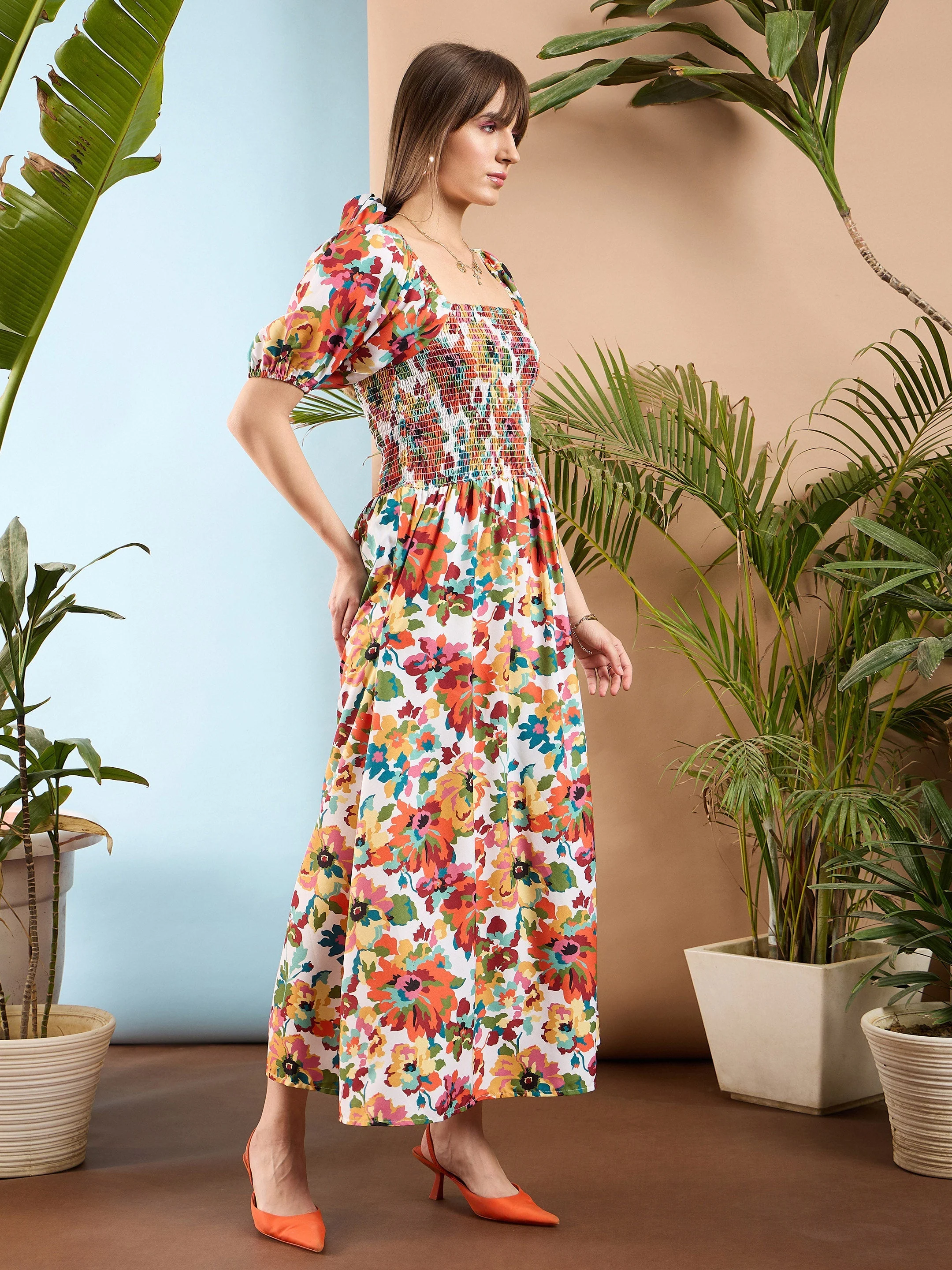 Women Orange Floral Puff Sleeves A-Line Midi Dress - Image 5