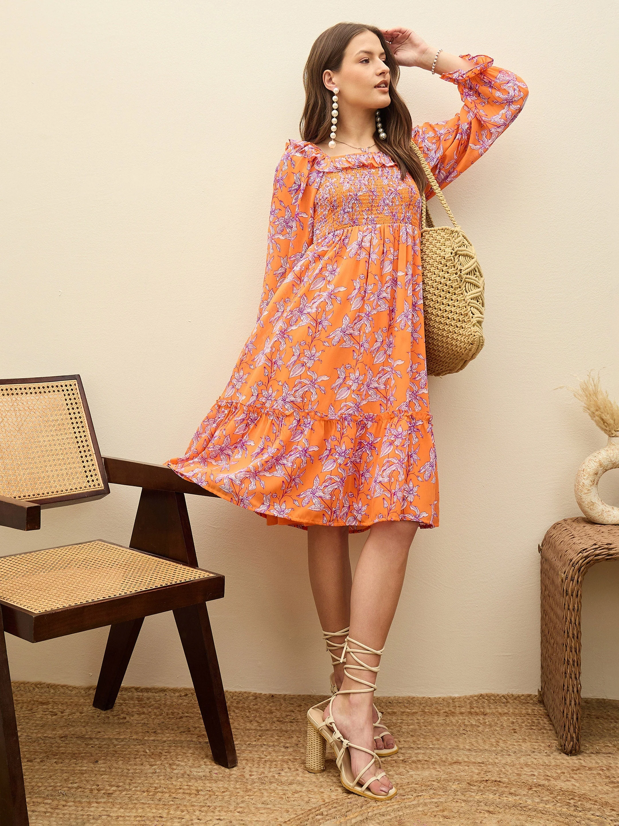 Women Orange Floral Square Neck Midi Dress - Image 2