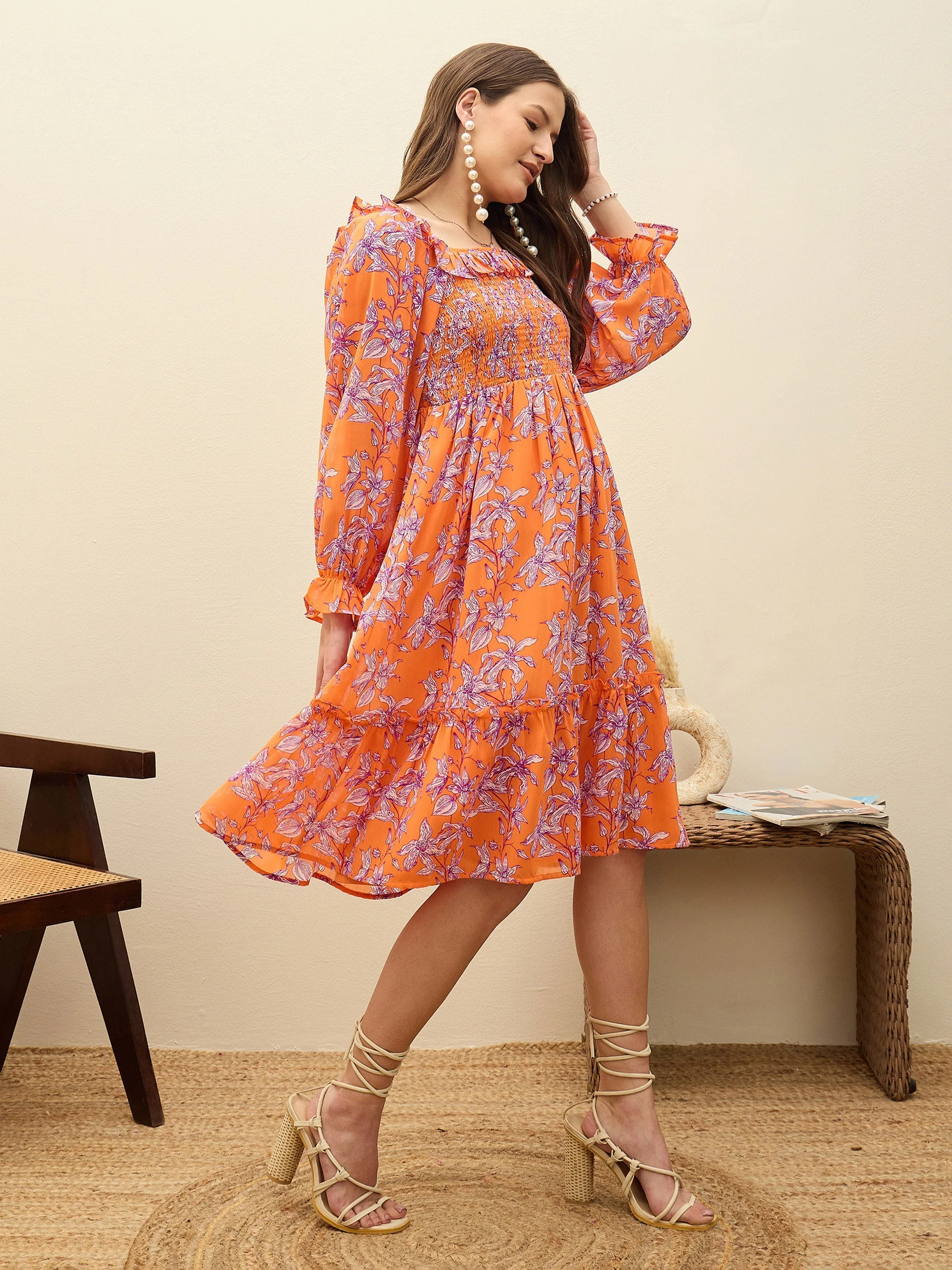 Women Orange Floral Square Neck Midi Dress - Image 3