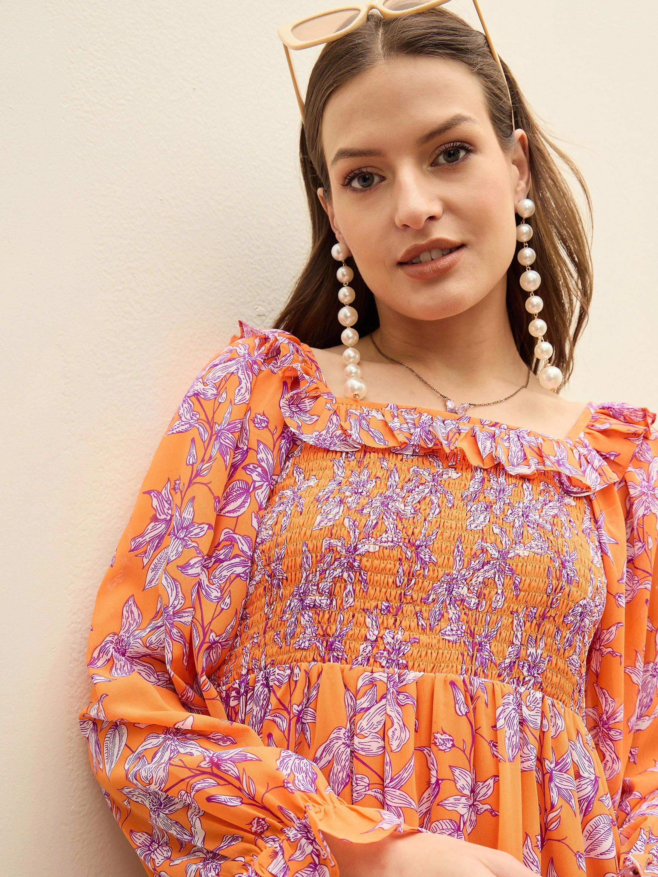Women Orange Floral Square Neck Midi Dress - Image 4
