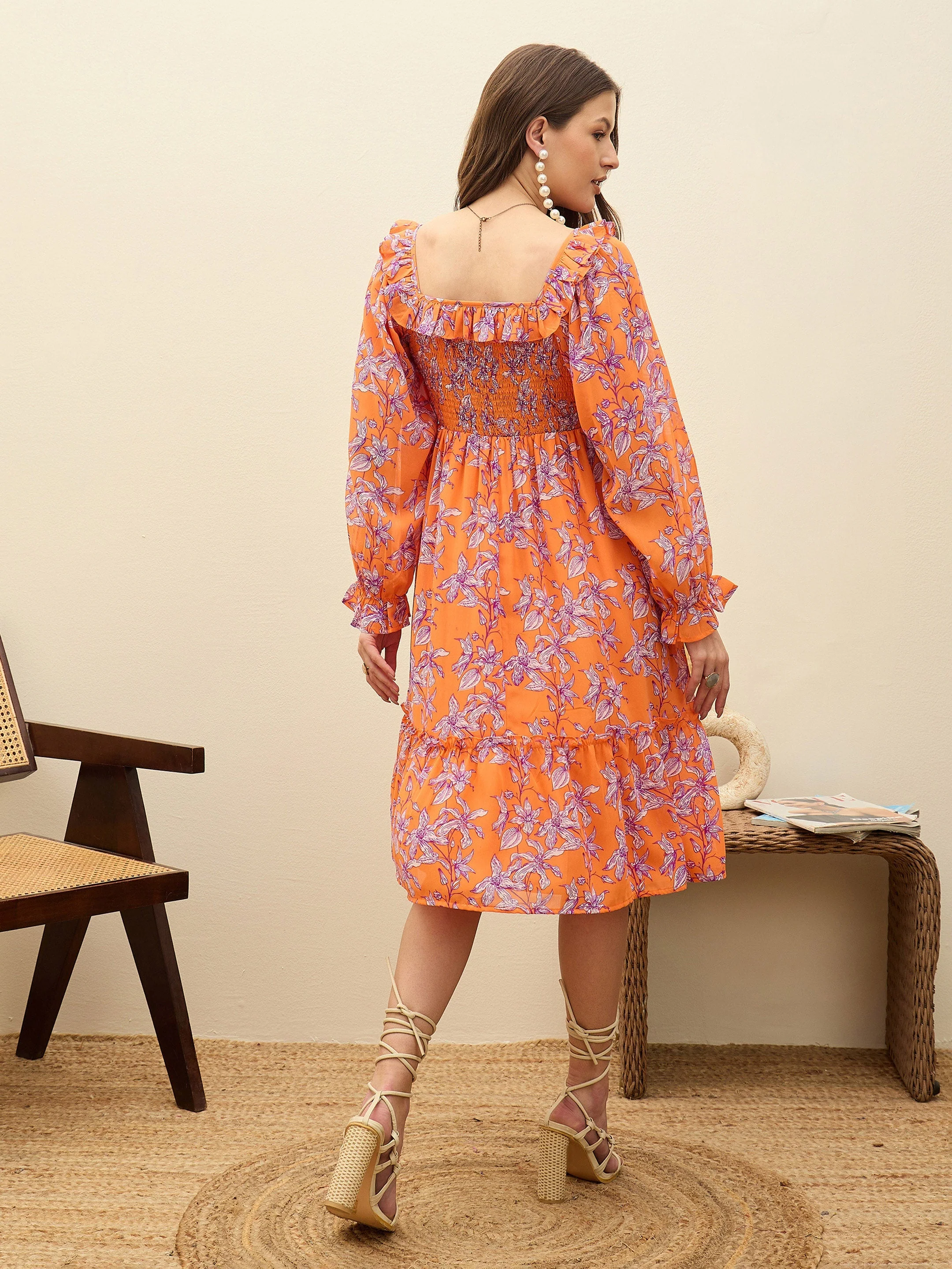 Women Orange Floral Square Neck Midi Dress - Image 5