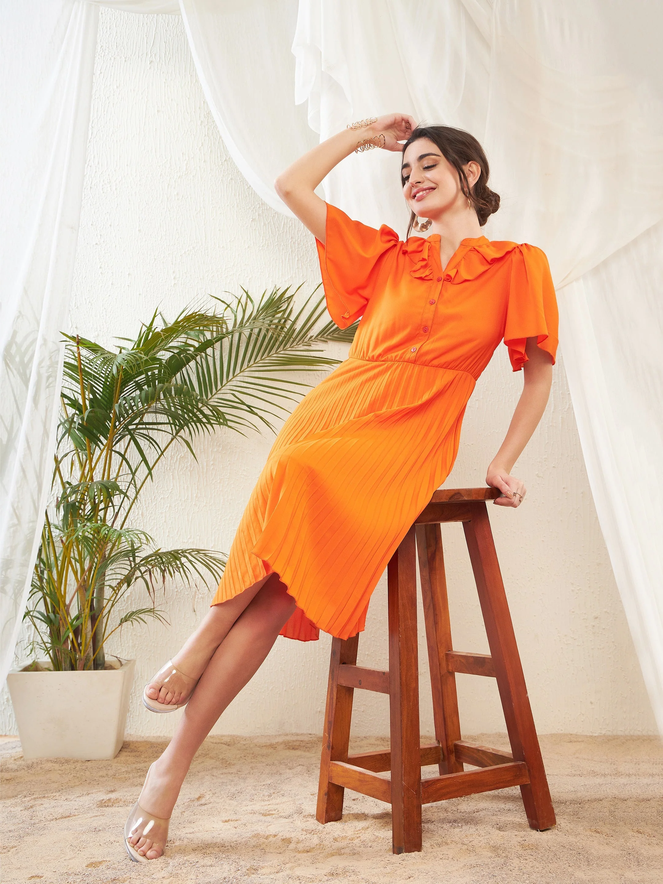 Women Orange Frill Neck Accordion Pleated Midi Dress - Image 2