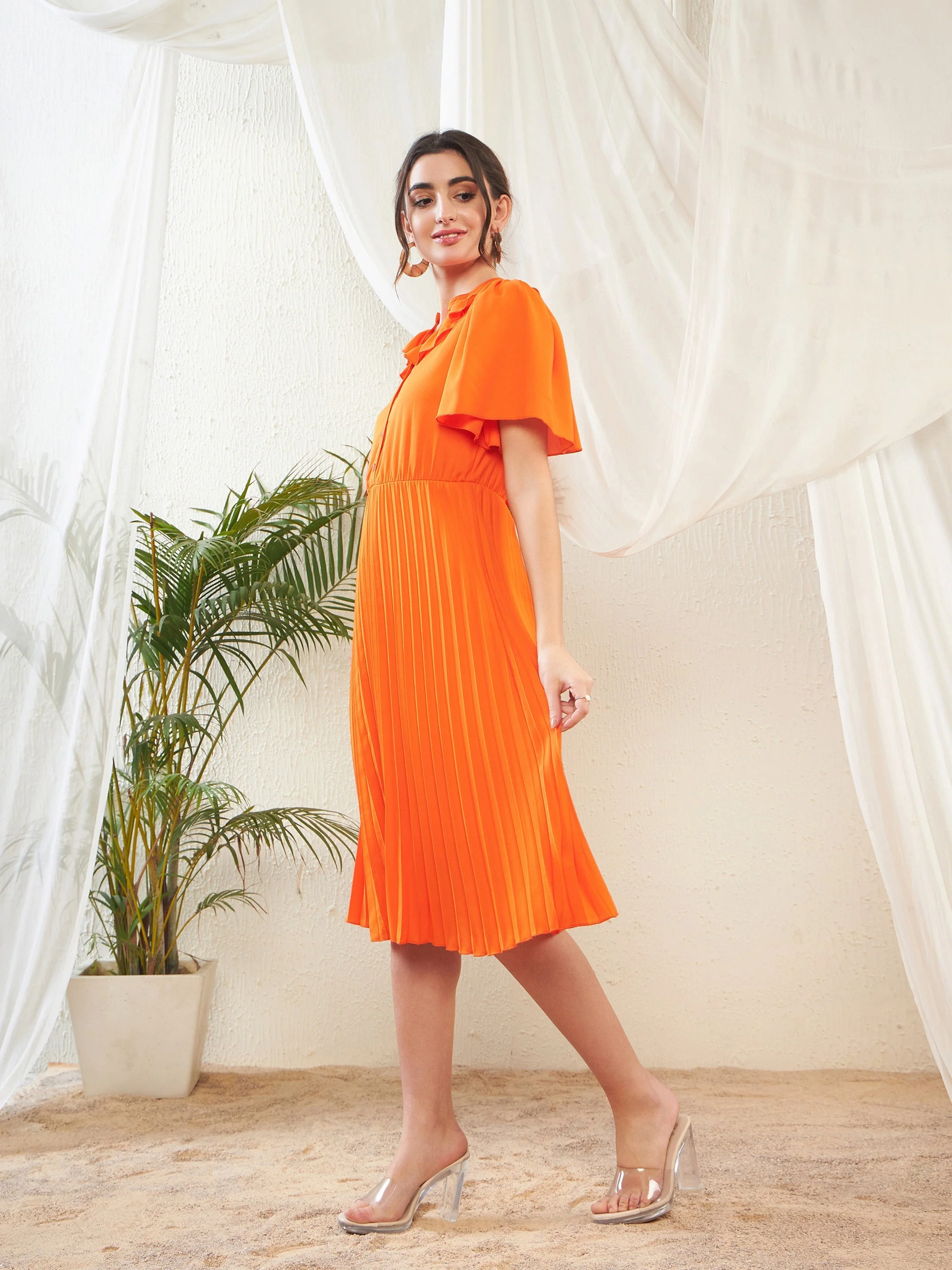 Women Orange Frill Neck Accordion Pleated Midi Dress - Image 3