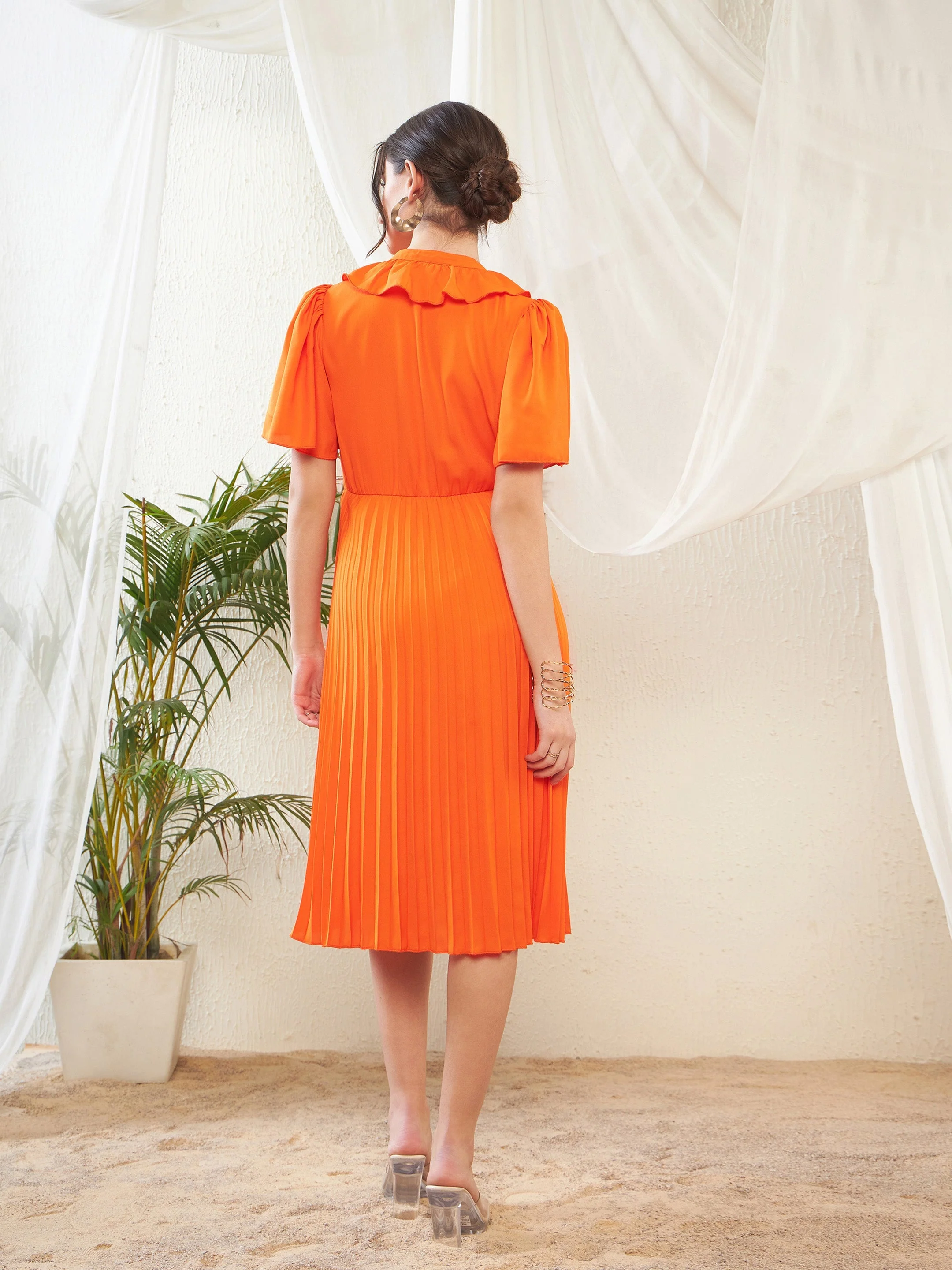 Women Orange Frill Neck Accordion Pleated Midi Dress - Image 5