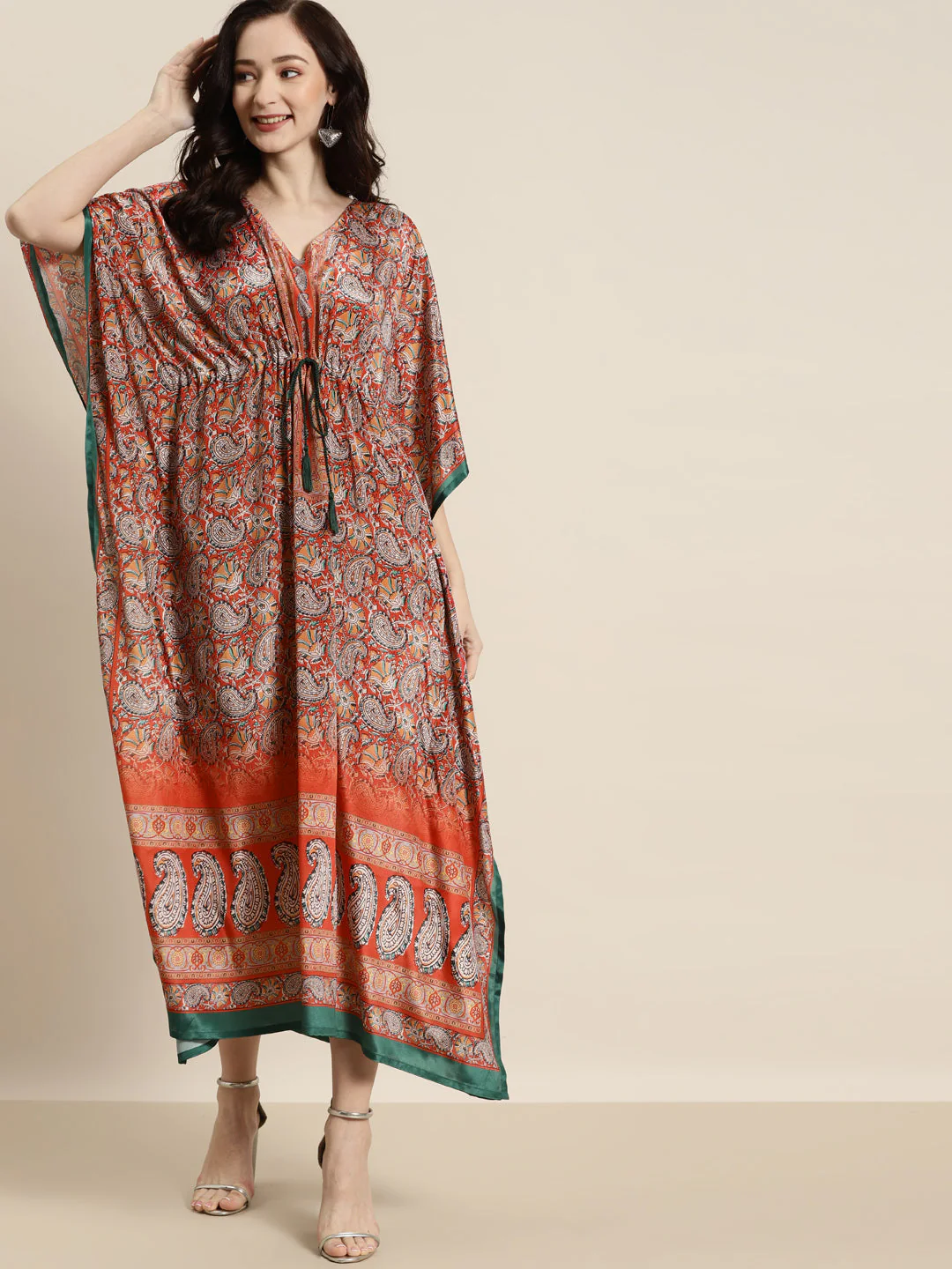 Women Orange & Green Paisely Kaftan Dress - Image 3