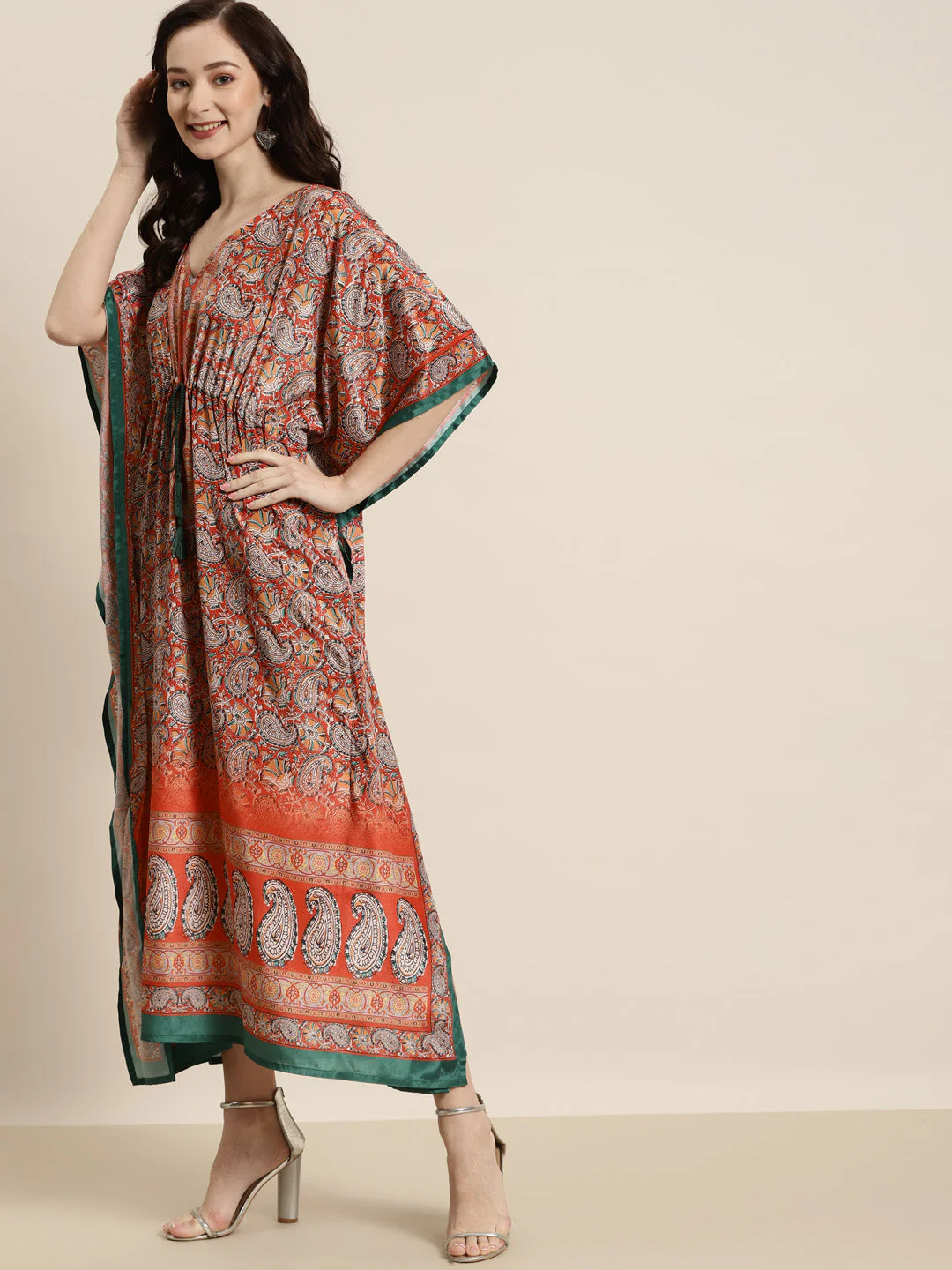 Women Orange & Green Paisely Kaftan Dress - Image 4