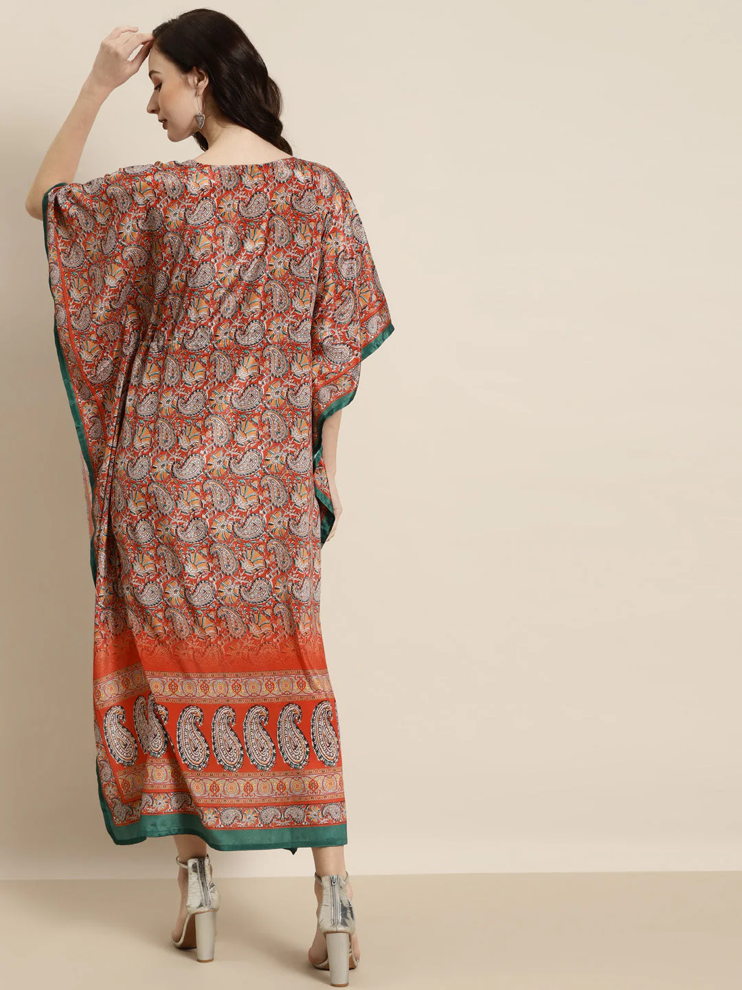 Women Orange & Green Paisely Kaftan Dress - Image 5