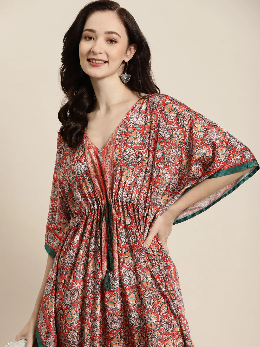 Women Orange & Green Paisely Kaftan Dress - Image 6