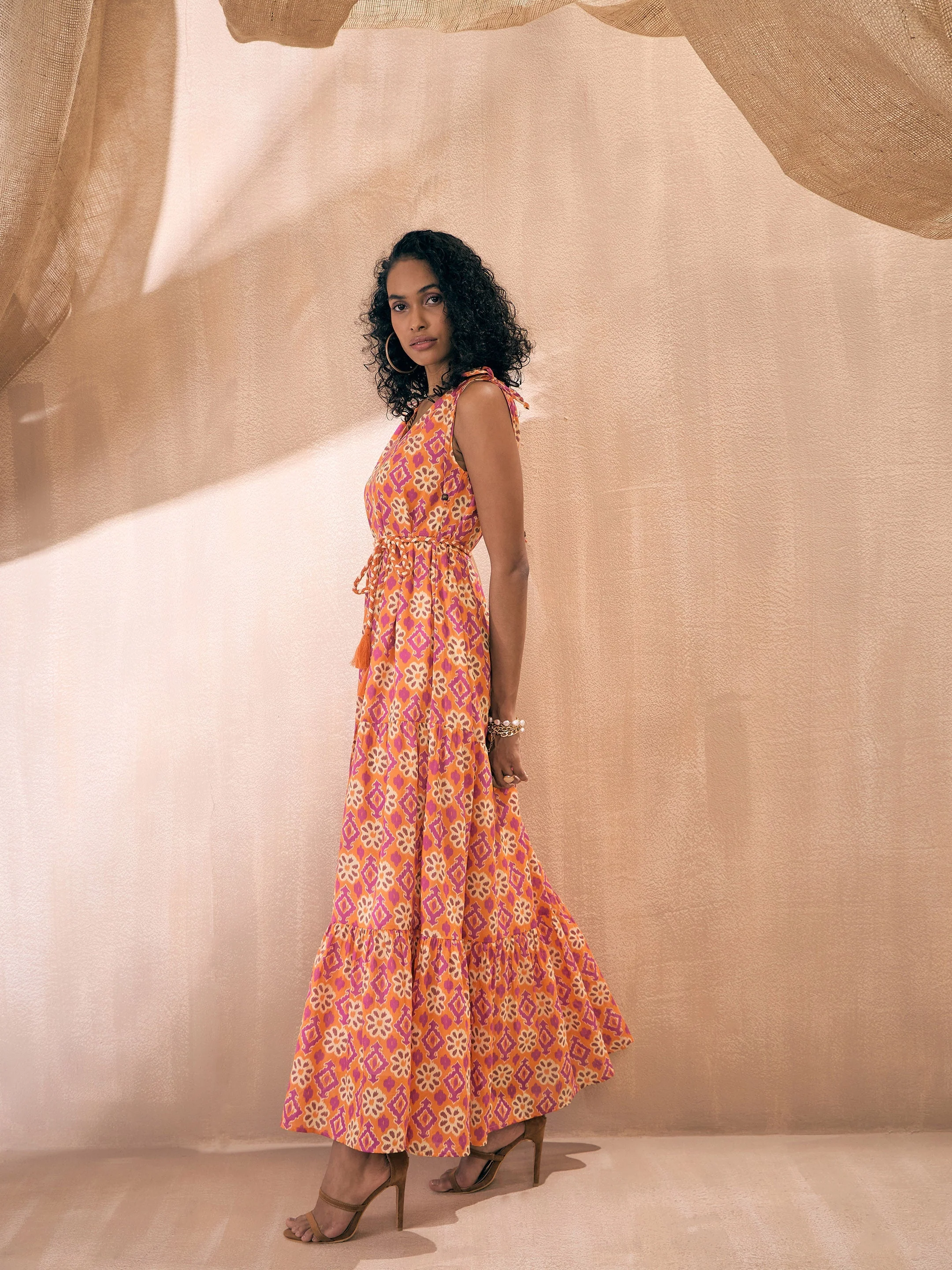 Women Orange Ikat Printed Shoulder Tie Belted Tiered Maxi - Image 2