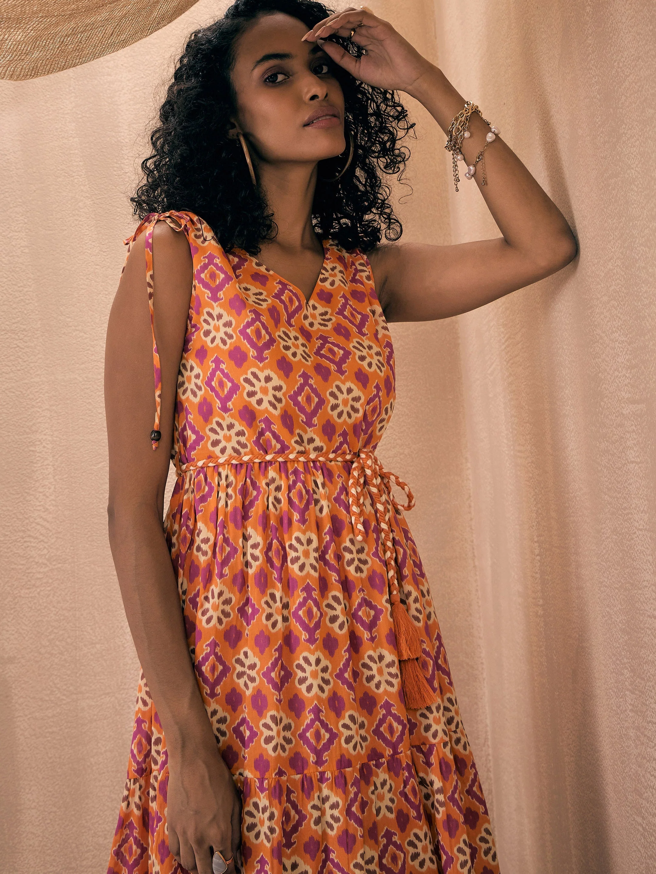 Women Orange Ikat Printed Shoulder Tie Belted Tiered Maxi - Image 3