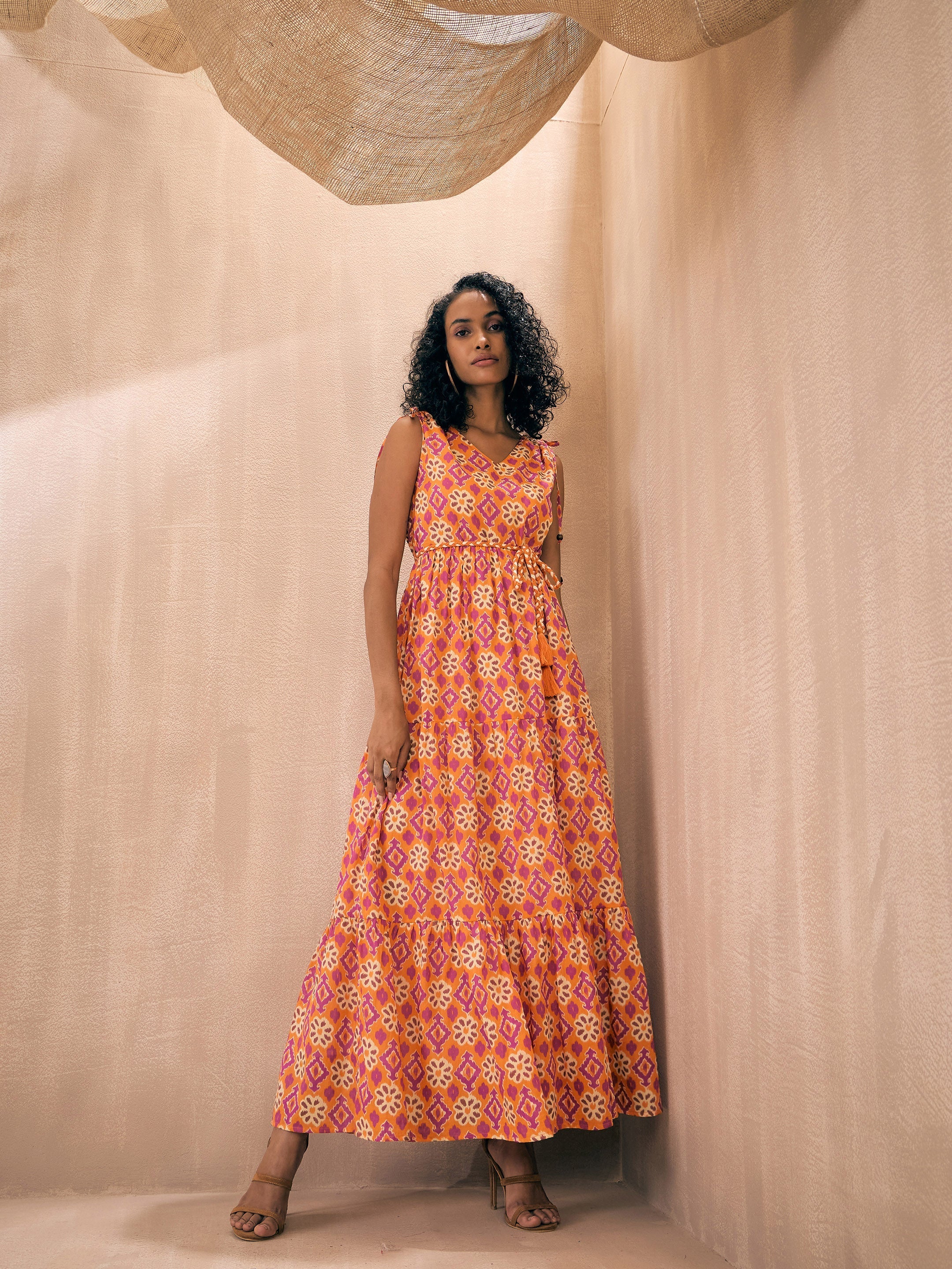 Women Orange Ikat Printed Shoulder Tie Belted Tiered Maxi - Image 5