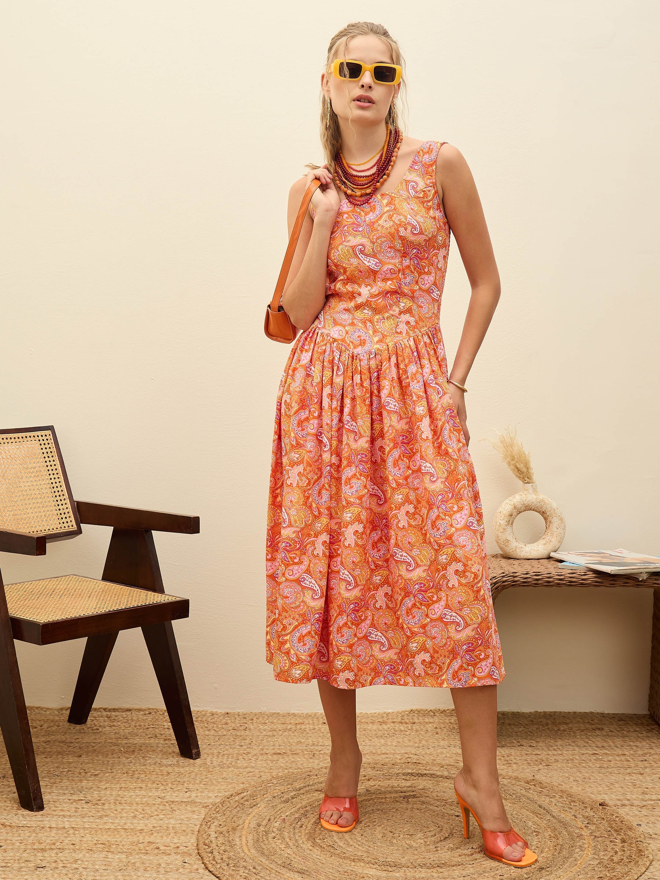 Women Orange Paisley Strappy Midi Dress - Image 2