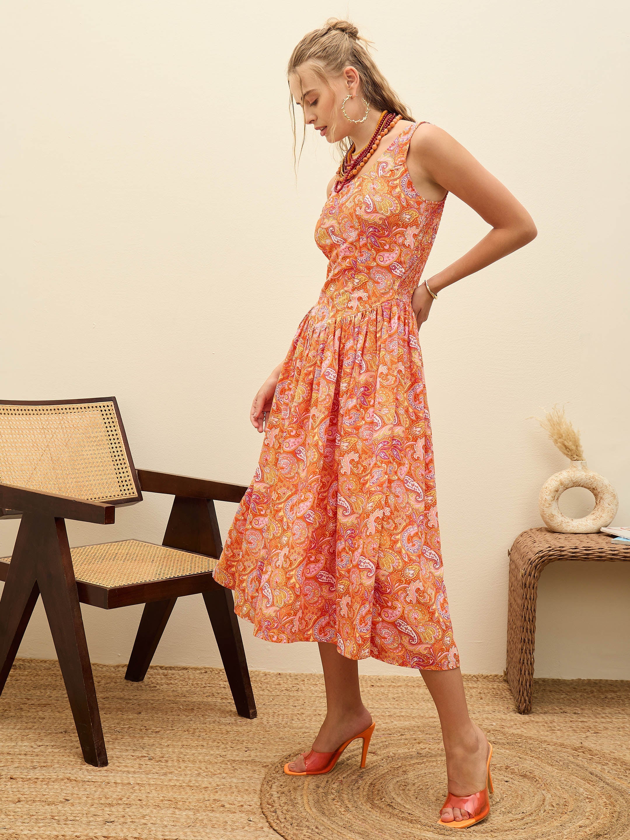 Women Orange Paisley Strappy Midi Dress - Image 3
