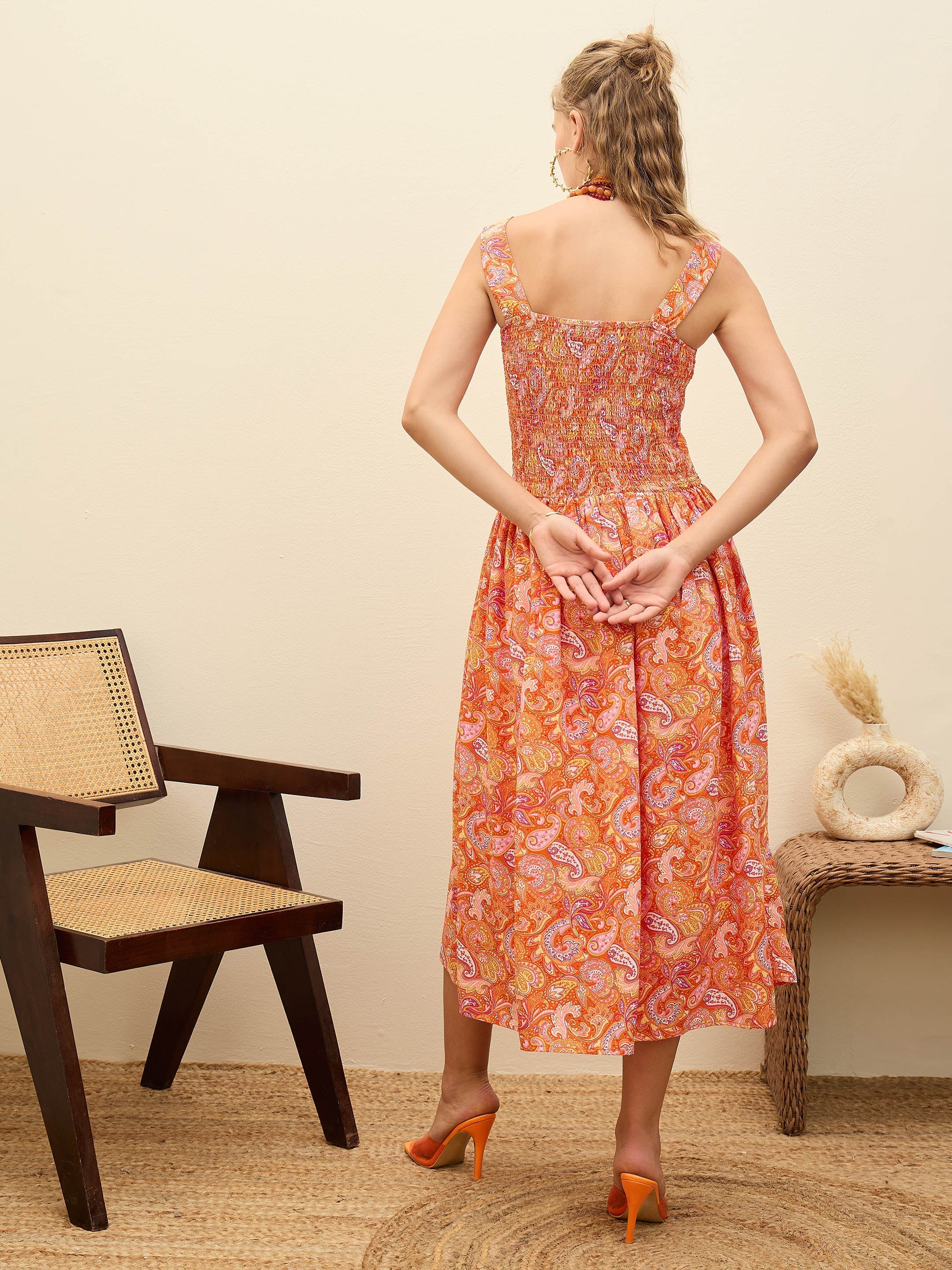 Women Orange Paisley Strappy Midi Dress - Image 5