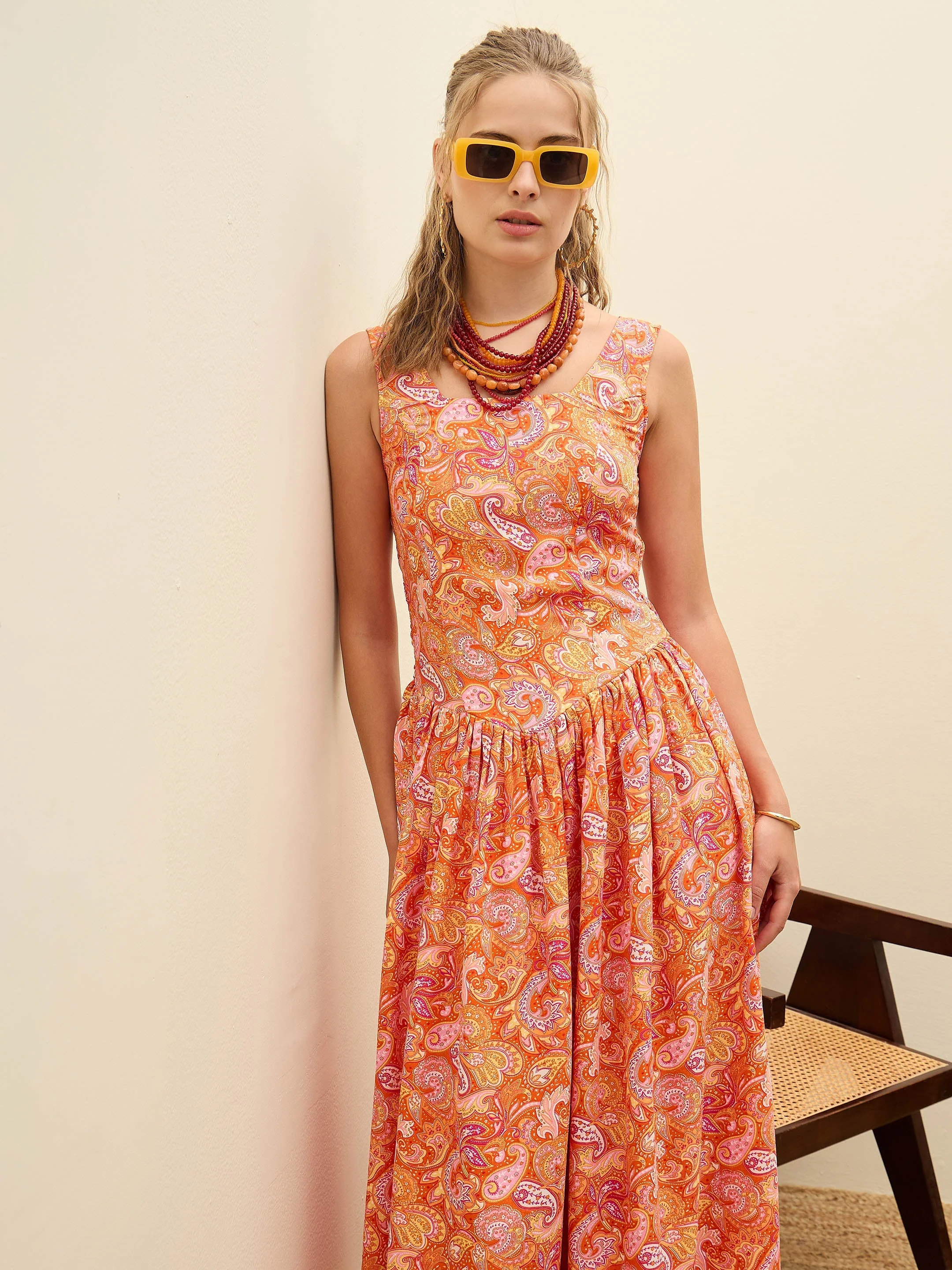 Women Orange Paisley Strappy Midi Dress - Image 6