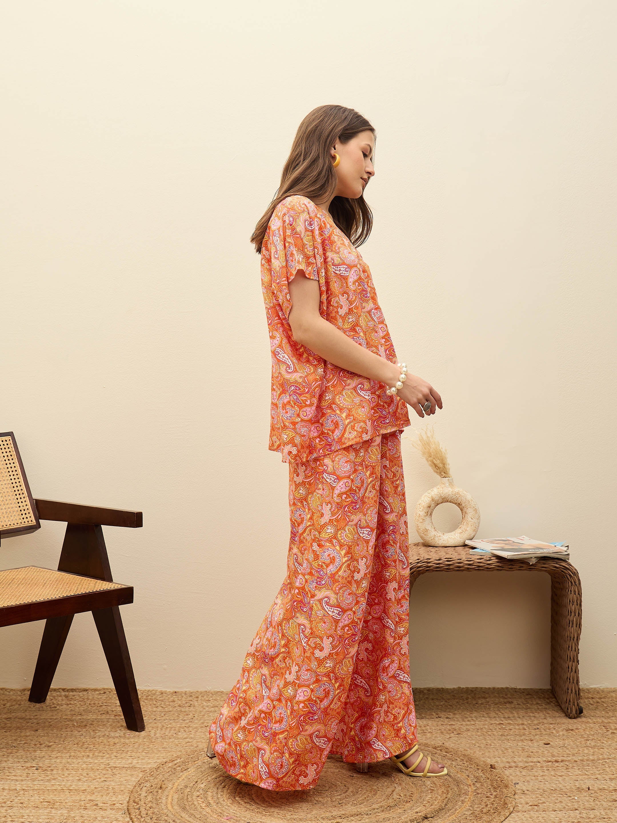 Women Orange Paisley V-Neck Top With Flared Pants - Image 3