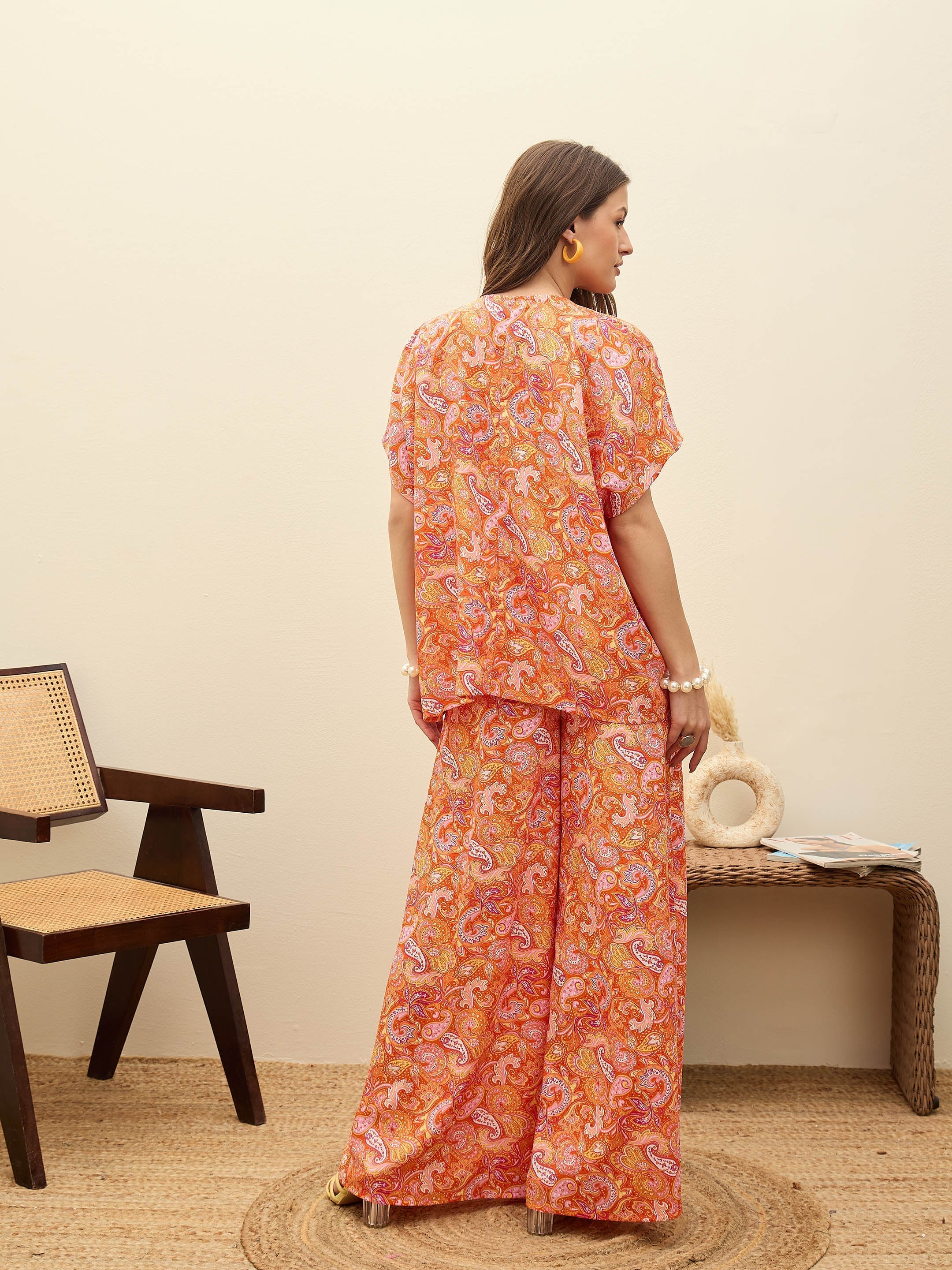 Women Orange Paisley V-Neck Top With Flared Pants - Image 5