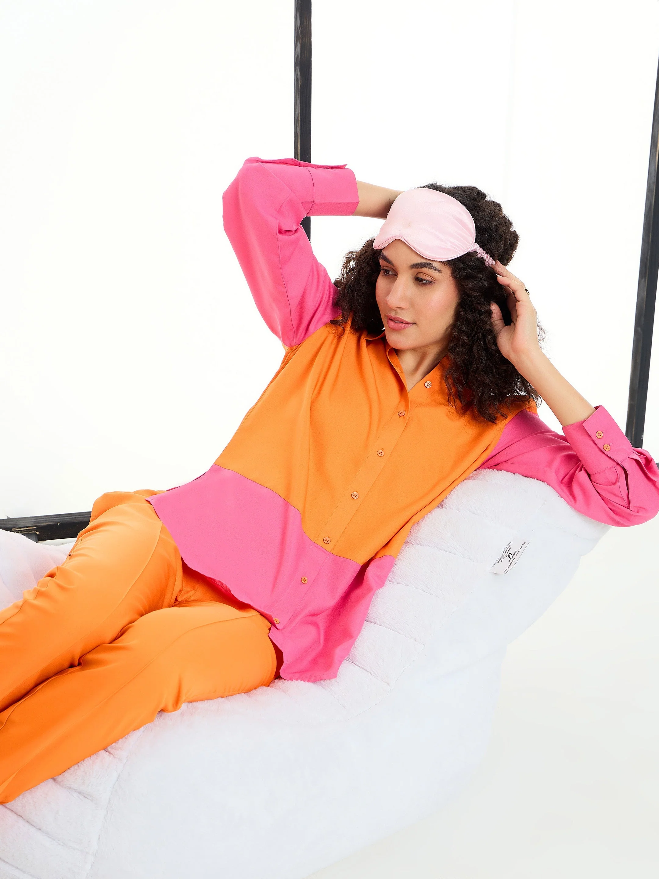 Women Orange & Pink ColorBlock Shirt With Pants - Image 2