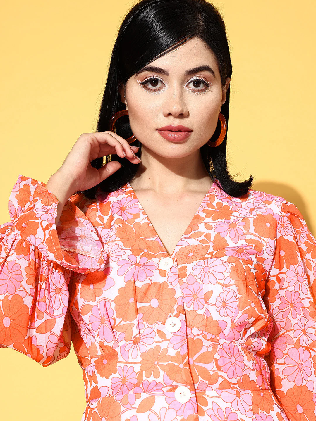 Women Orange & Pink Floral Front Button Dress - Image 3