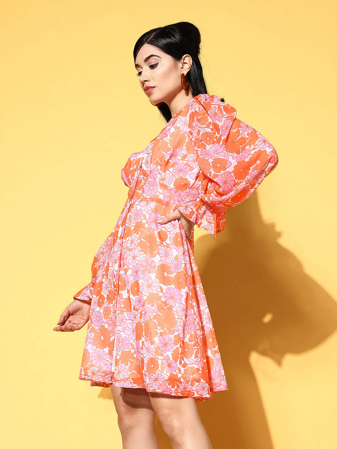 Women Orange & Pink Floral Front Button Dress - Image 4