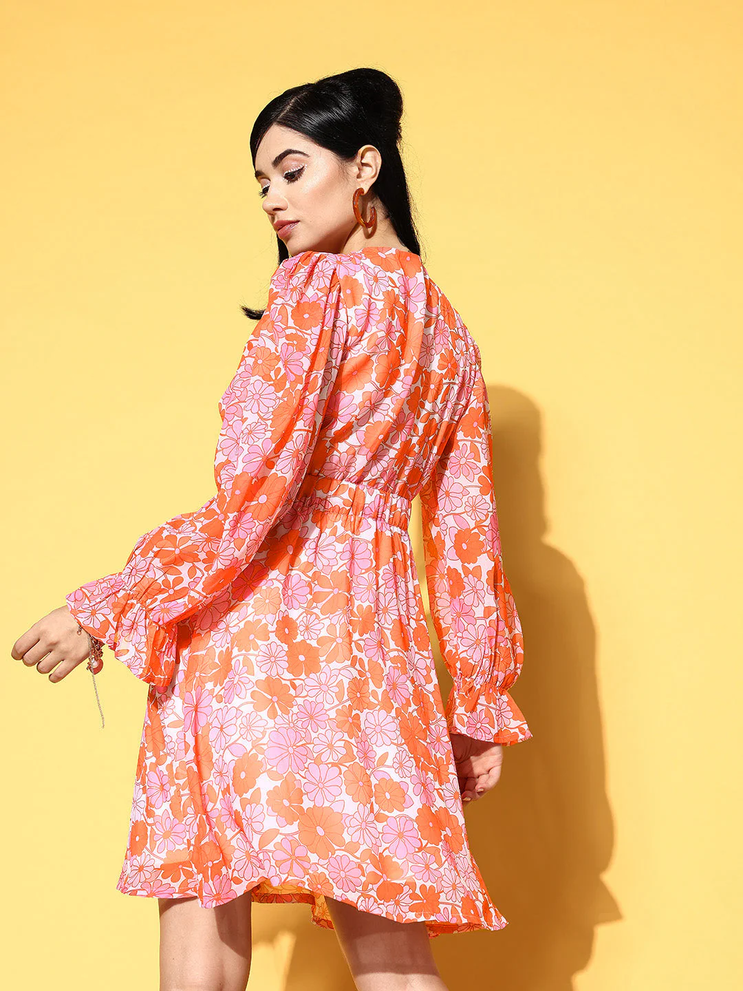 Women Orange & Pink Floral Front Button Dress - Image 5