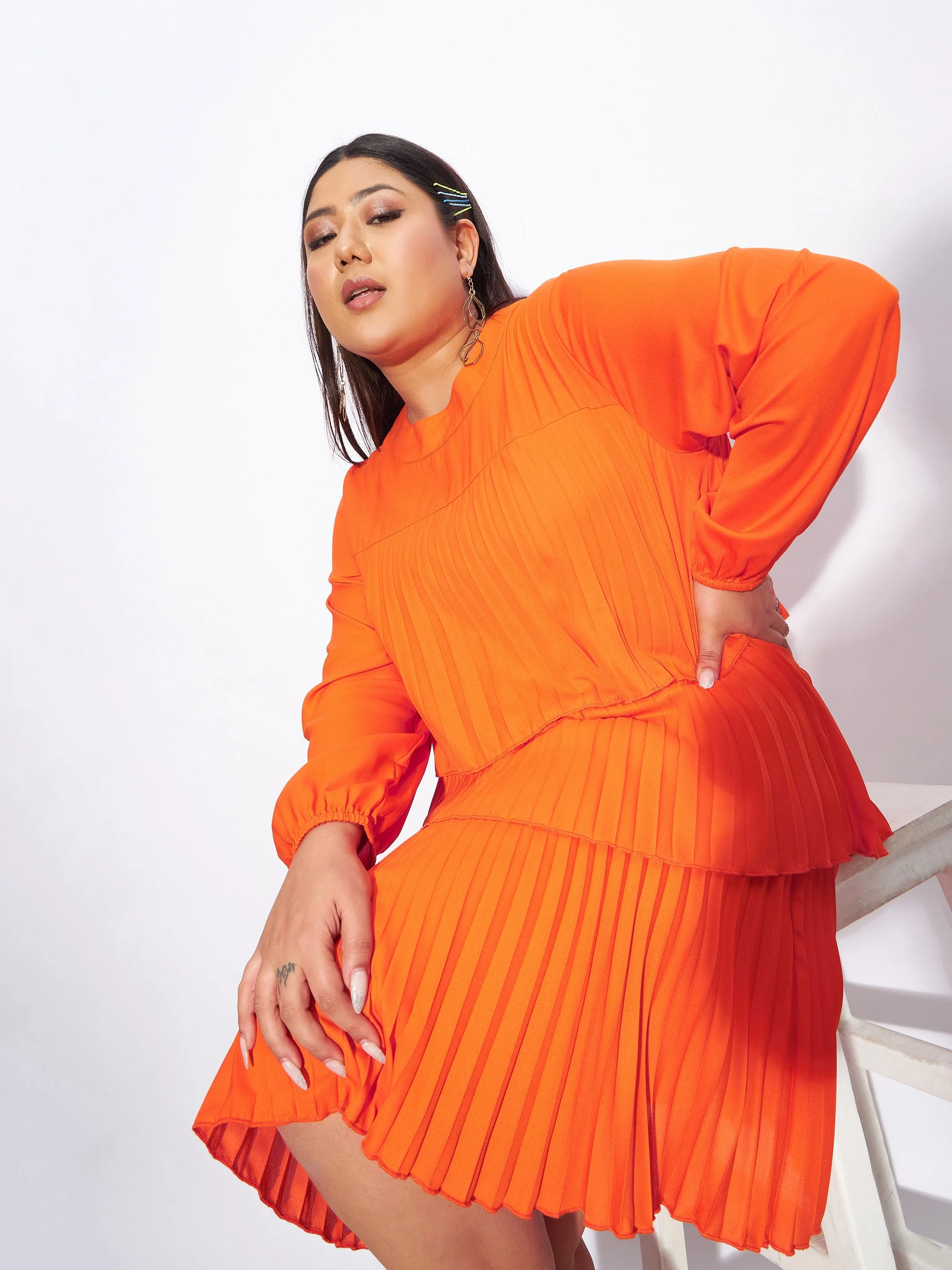 Women Orange Pleated Skater Tiered Dress - Image 2