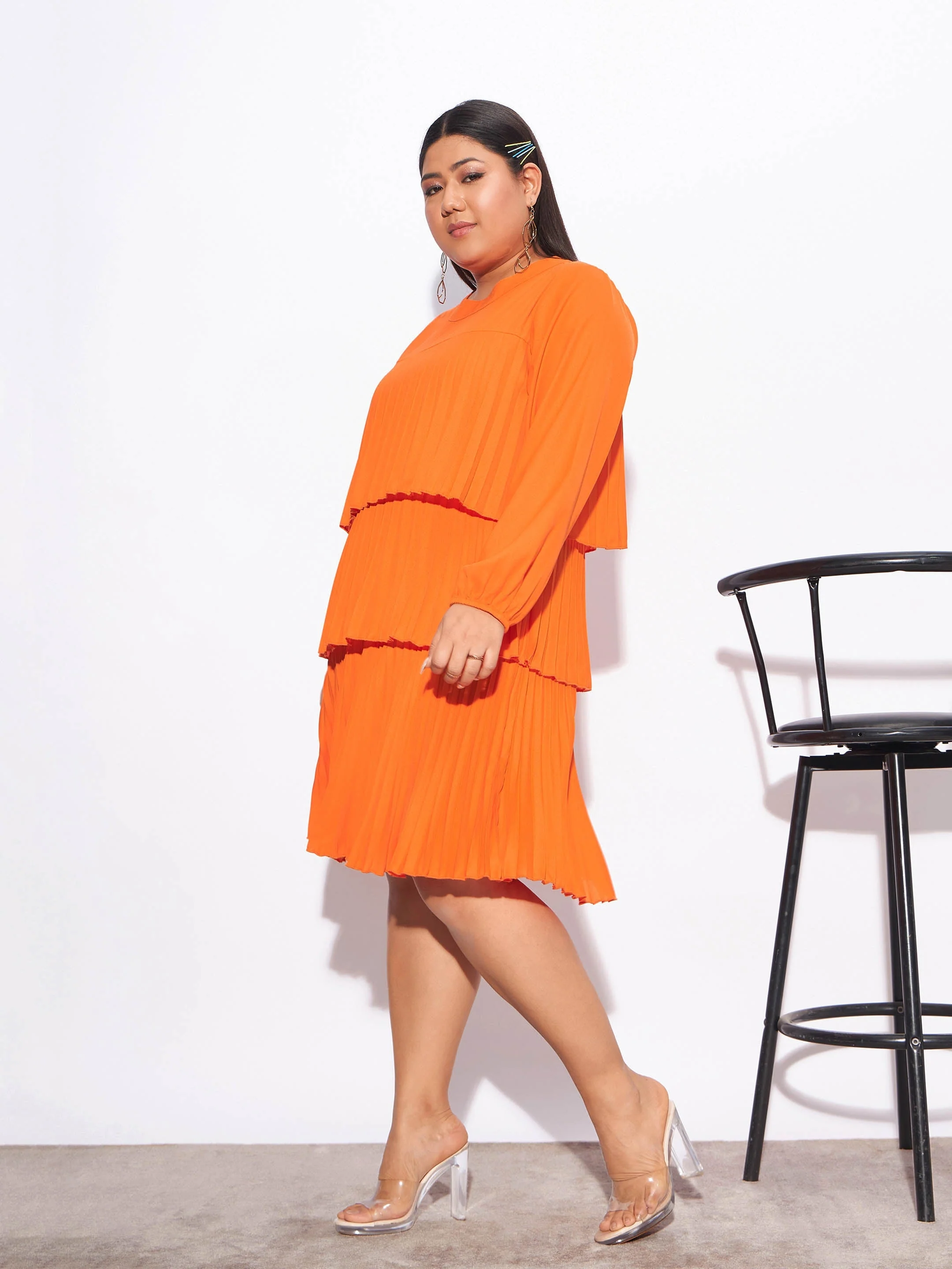 Women Orange Pleated Skater Tiered Dress - Image 3