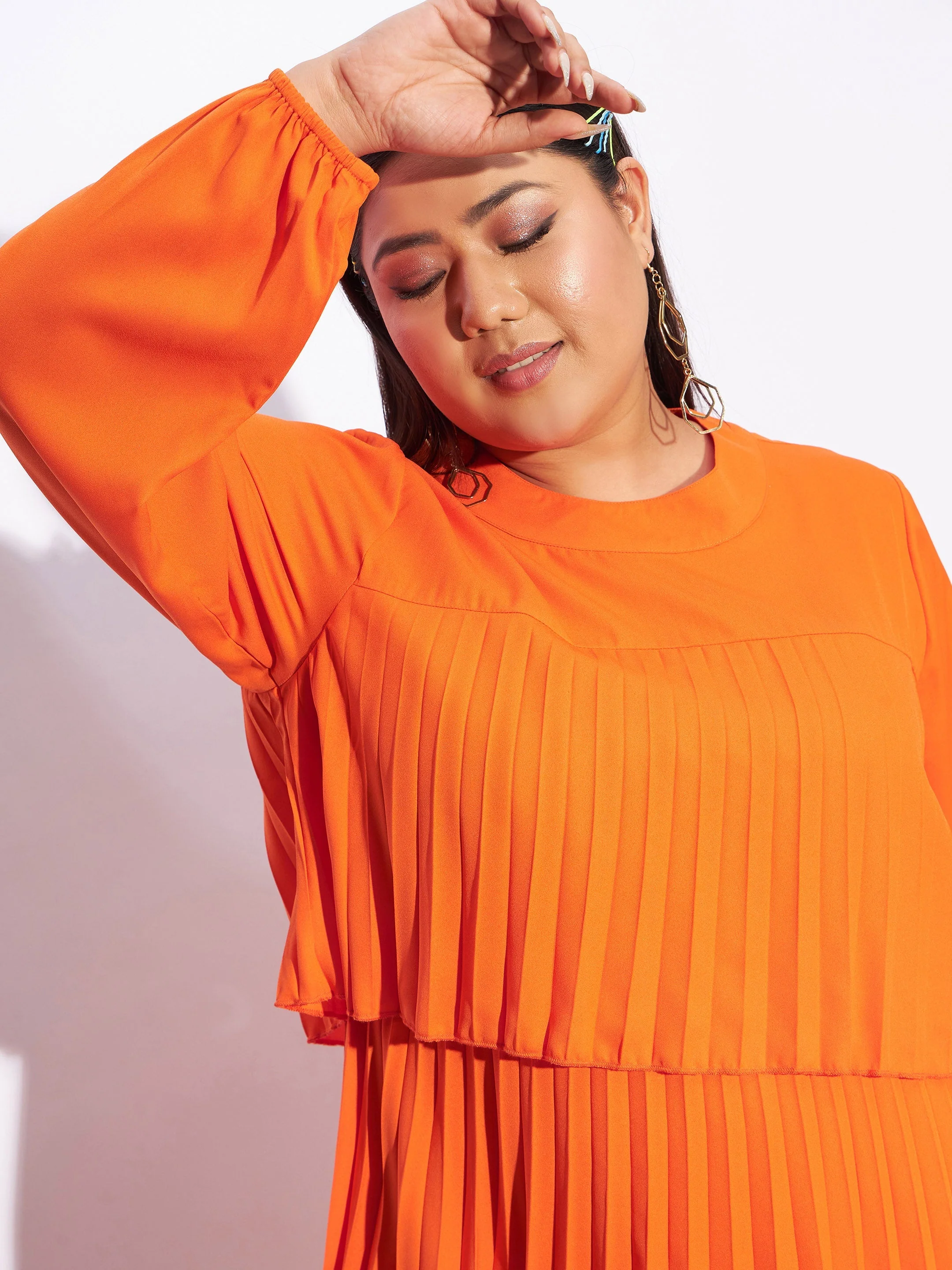 Women Orange Pleated Skater Tiered Dress - Image 4