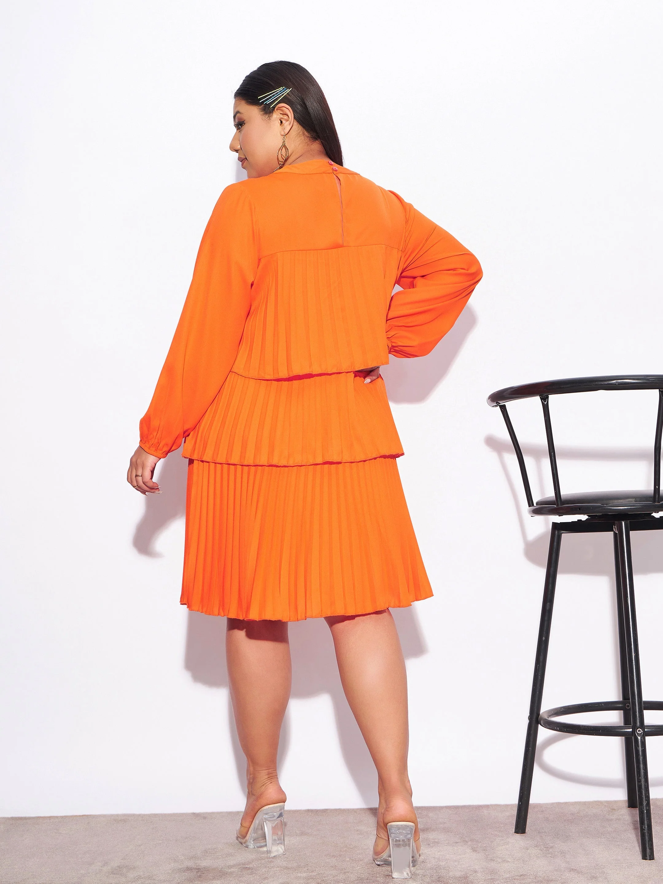 Women Orange Pleated Skater Tiered Dress - Image 5