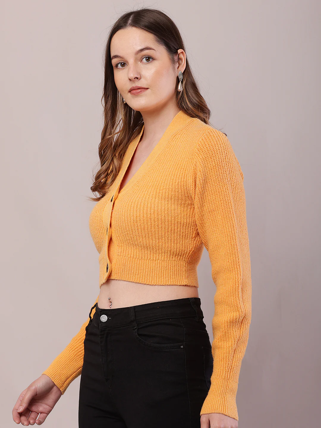 Women Orange Polyester Full Sleeve V-Neck Cardigan - Image 2
