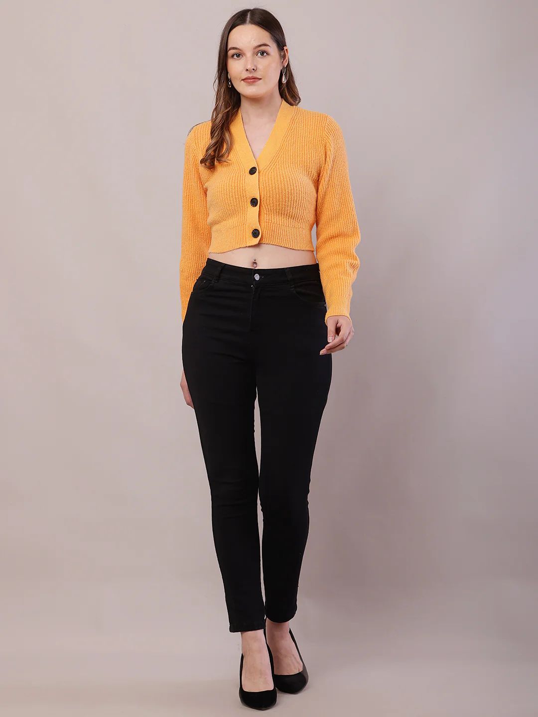 Women Orange Polyester Full Sleeve V-Neck Cardigan - Image 3